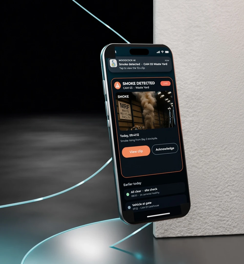 3D render of a phone showing a Woodcock AI smoke alert next to a fire alarm panel