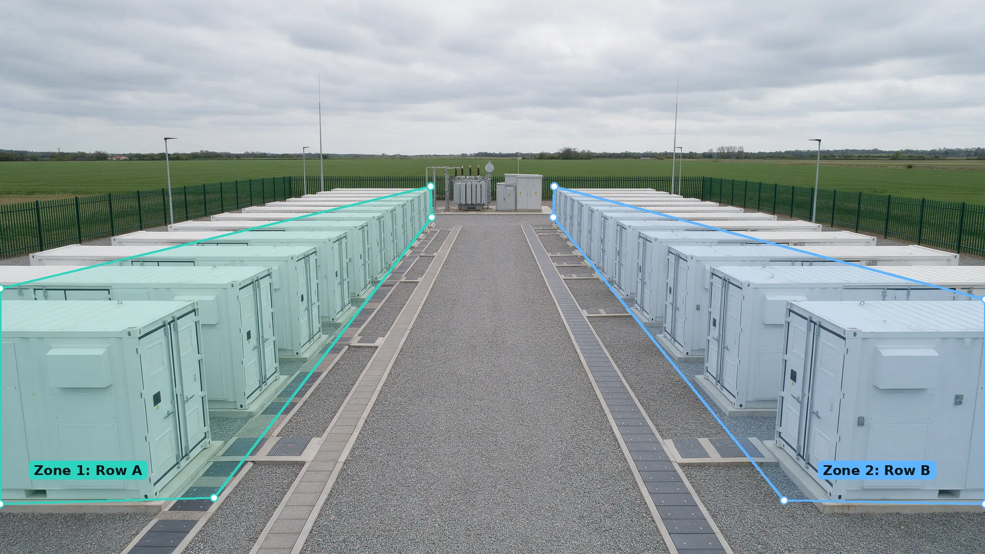 CCTV view down a gravel aisle between two rows of battery containers, each row outlined by its own polygon zone
