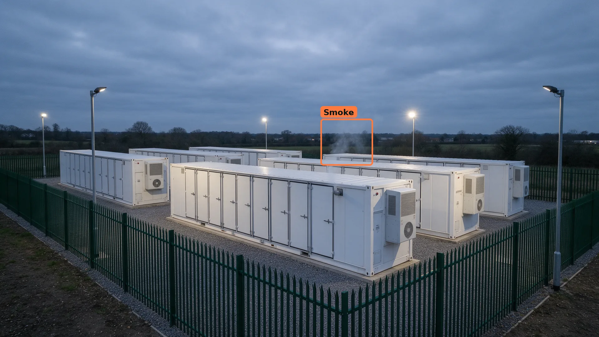 Dusk CCTV view of a fenced battery storage compound with a thin wisp of smoke boxed above the far containers