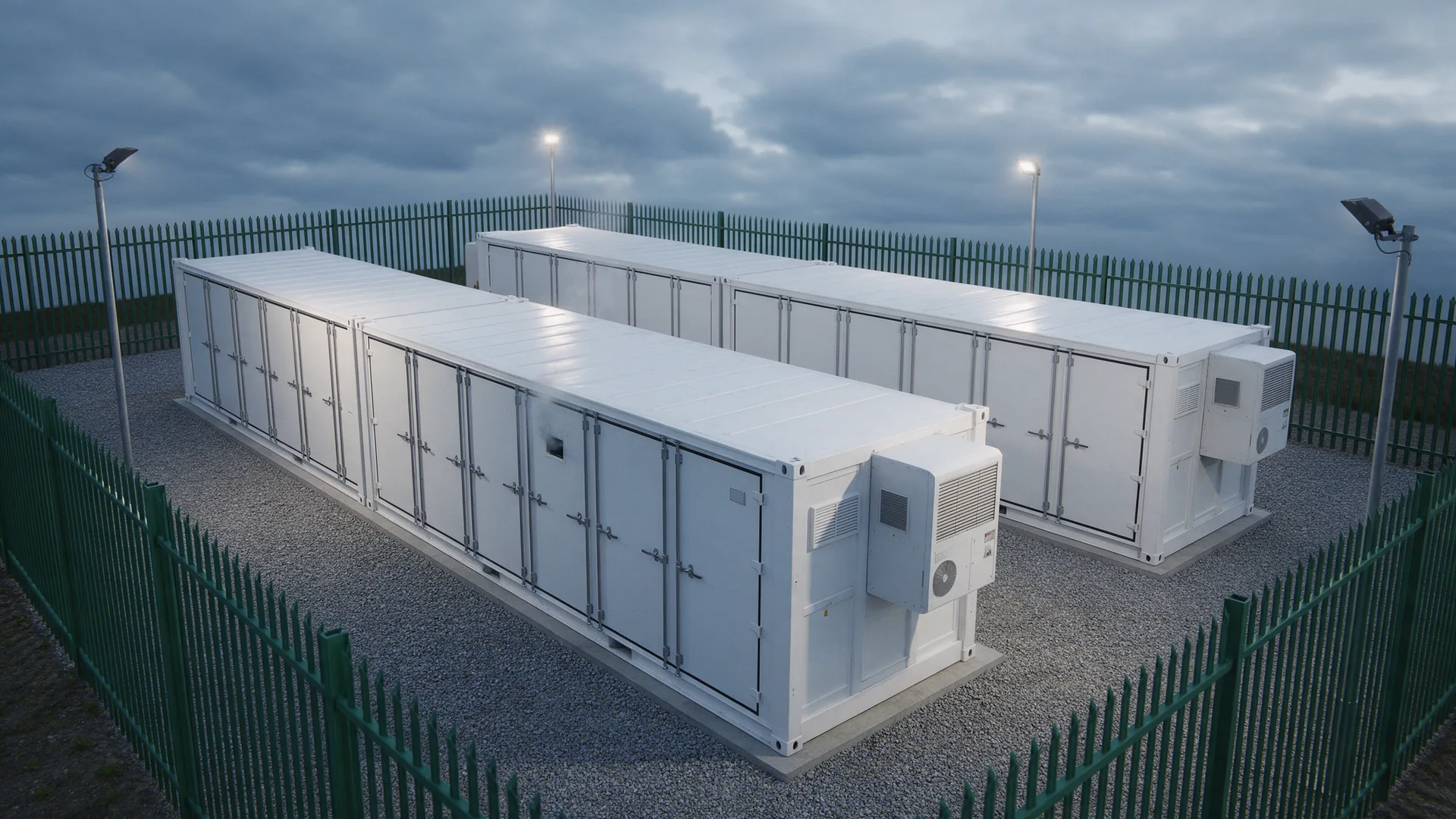 Dusk CCTV from a pole camera looking over a green palisade fence at two long white battery storage containers