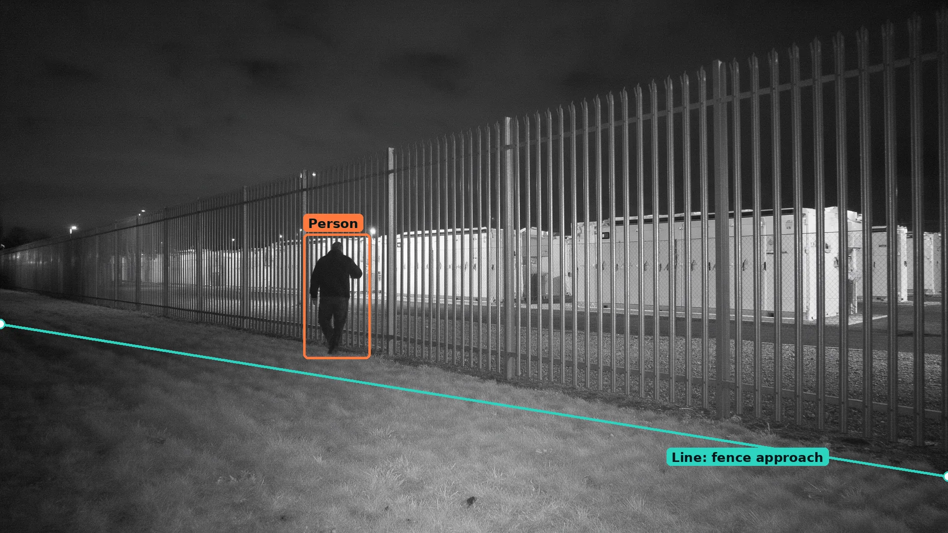 Night infrared CCTV of a palisade fence round battery containers, with a person boxed after crossing a teal virtual line