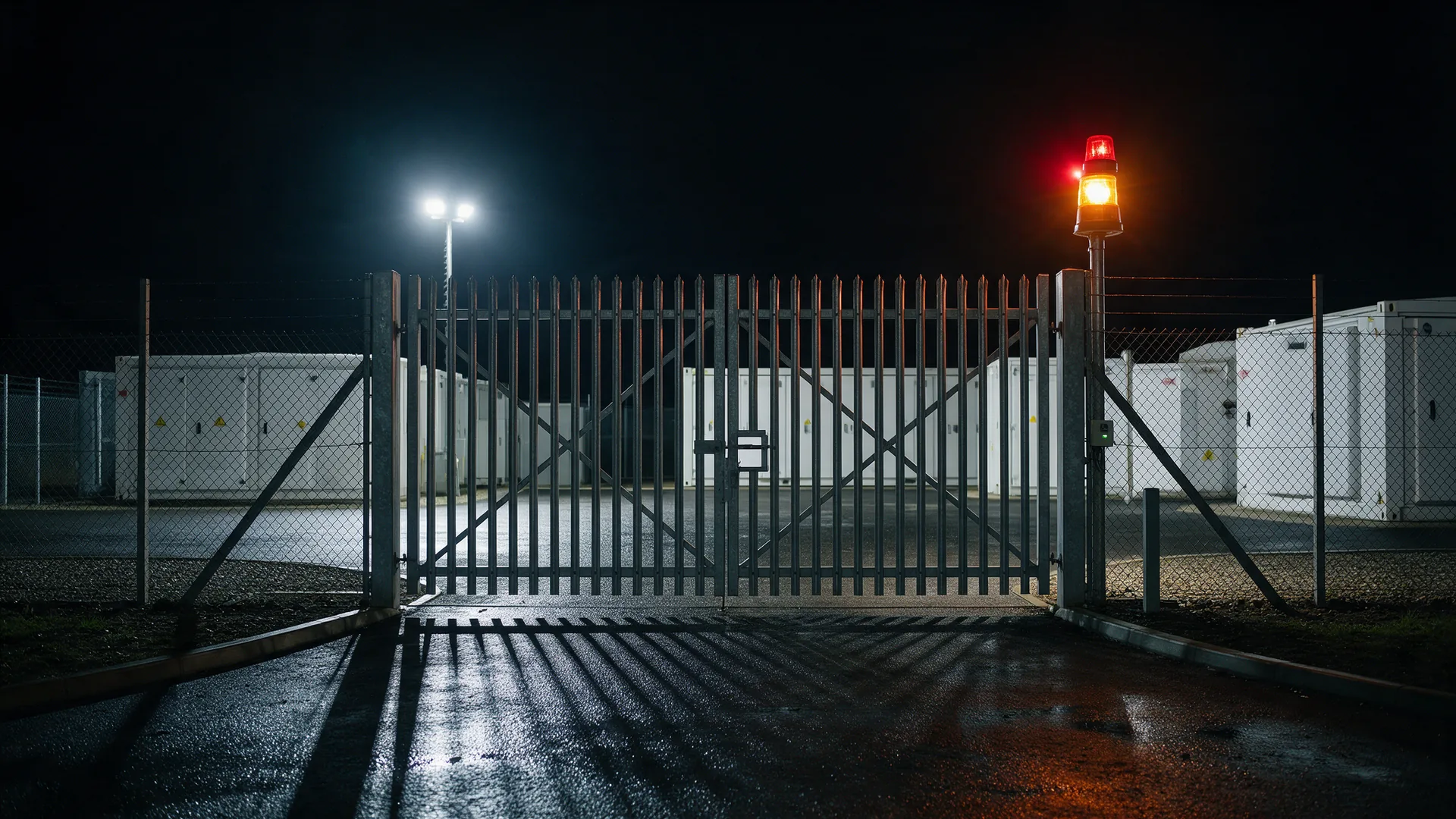 Night CCTV of a closed palisade gate at a battery storage site with a red and amber siren strobe glowing beside it