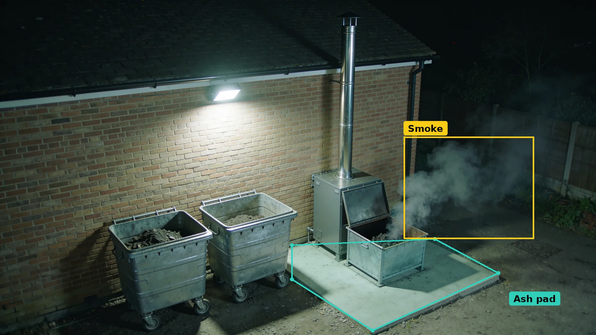 Night CCTV of ash bins on a concrete pad marked by a teal zone, smoke from an open bin boxed in amber