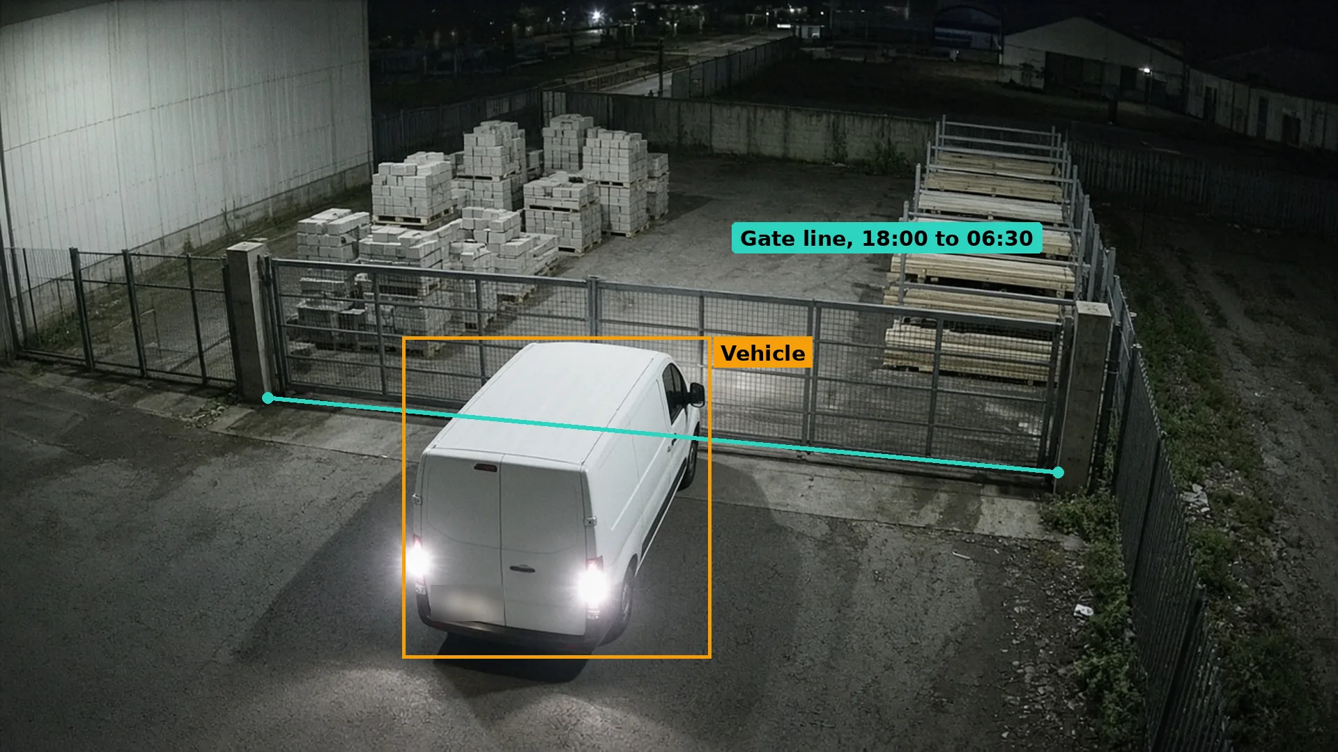 Night CCTV of a white van stopped at the locked sliding gate of a builders merchant yard, boxed in amber