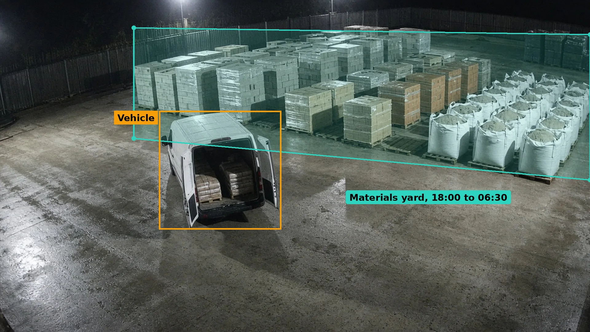 Night CCTV of a van reversed up to pallets of blocks in a builders merchant materials yard, boxed in amber