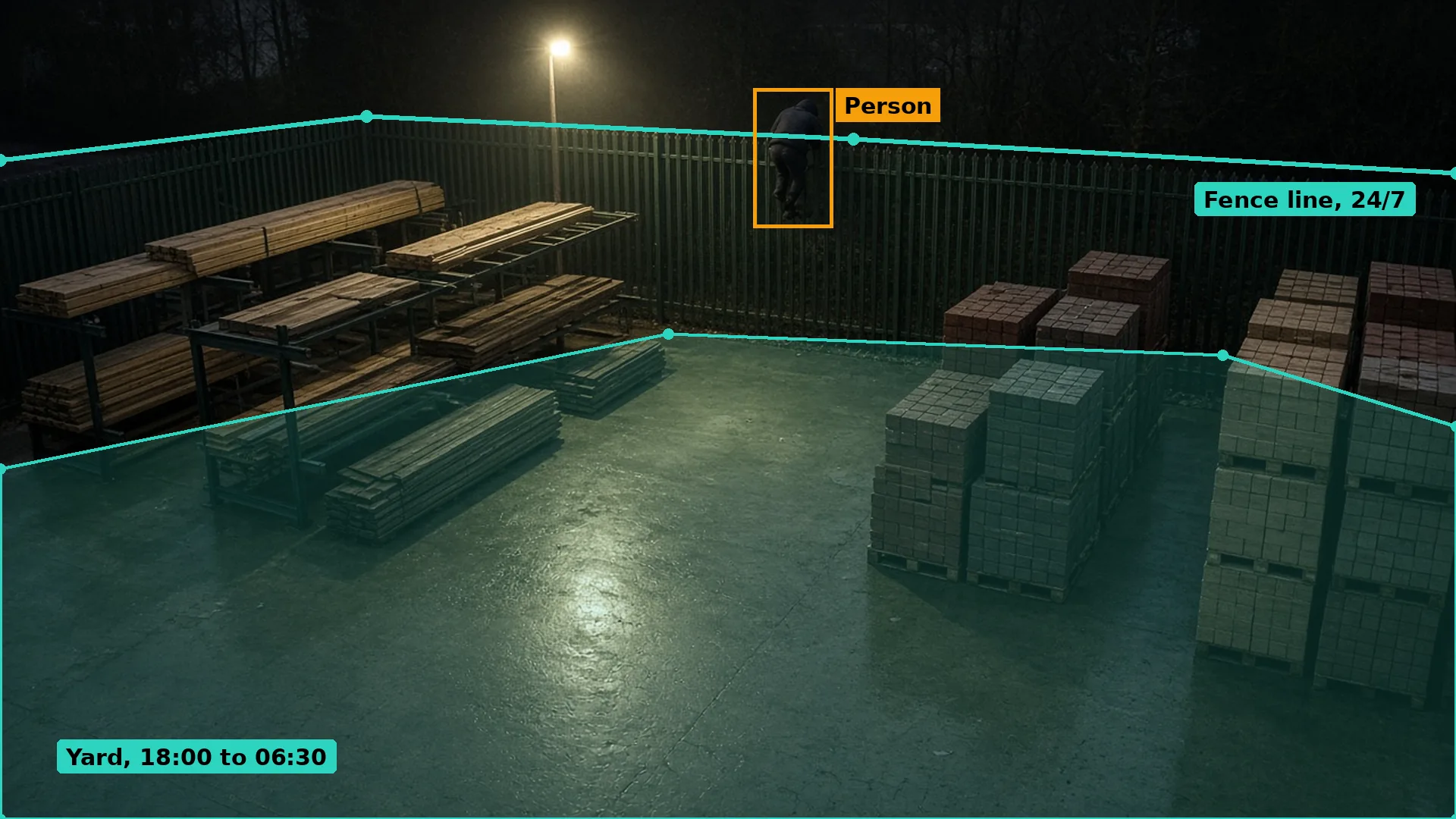 Night CCTV of a person climbing the palisade fence into a builders merchant yard beside timber racking, boxed in amber
