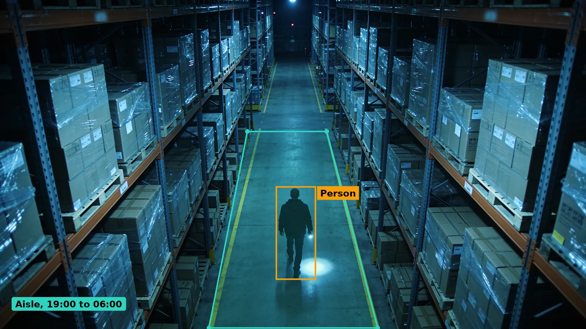 Night CCTV of a person with a torch walking down a warehouse aisle between pallet racking, boxed in amber