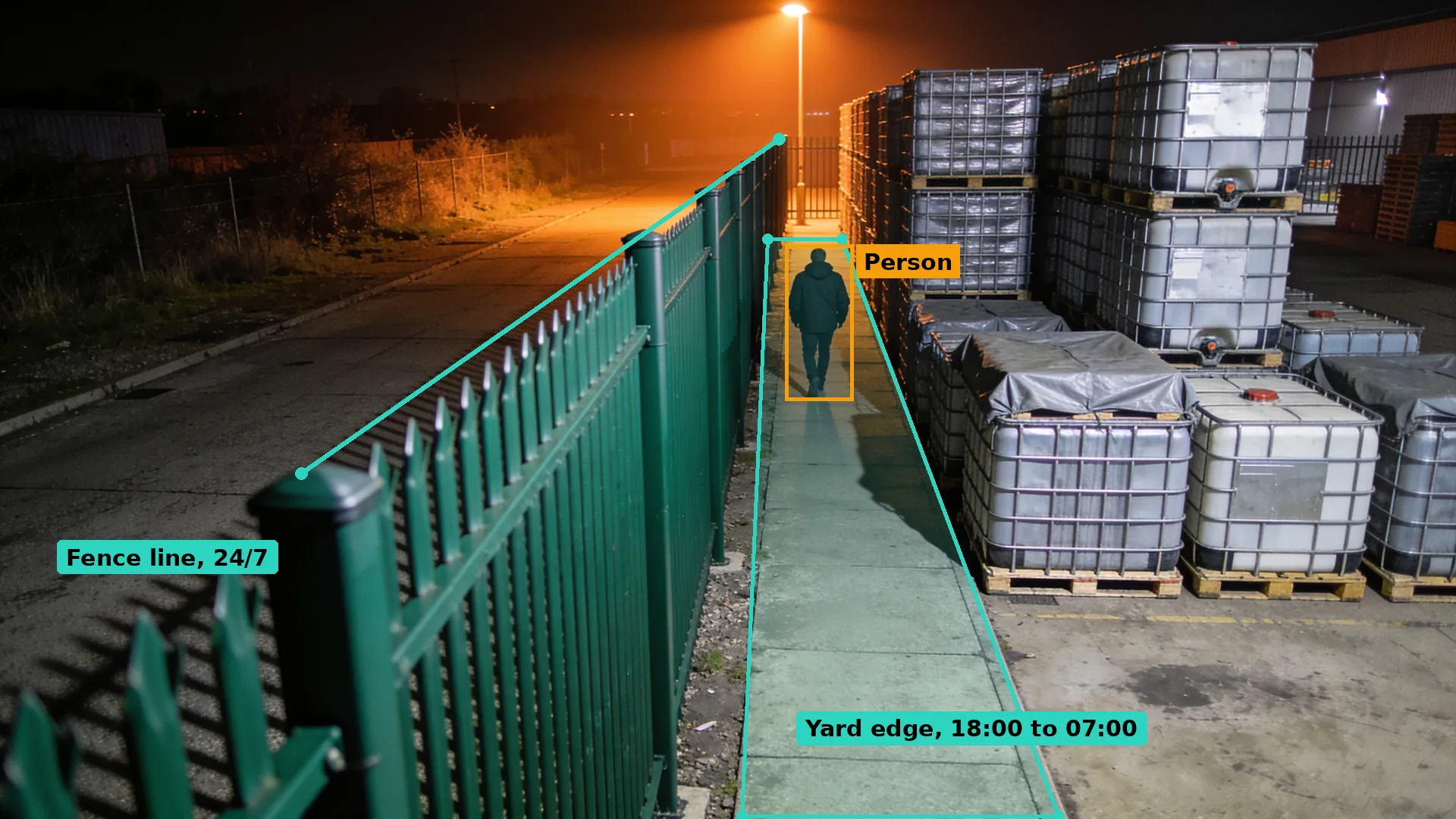 Night CCTV of a person walking along the inside of a green palisade fence beside stacked containers, boxed in amber