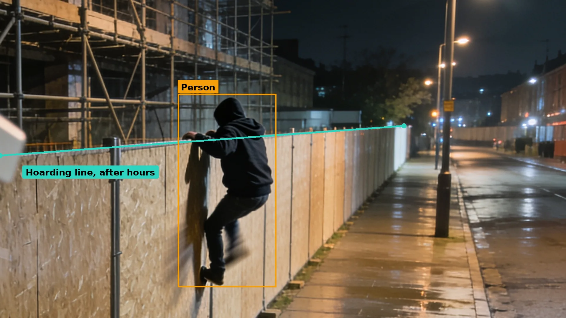 Night CCTV of a person in a hoodie climbing timber hoarding by a wet pavement, the top of the hoarding marked in teal