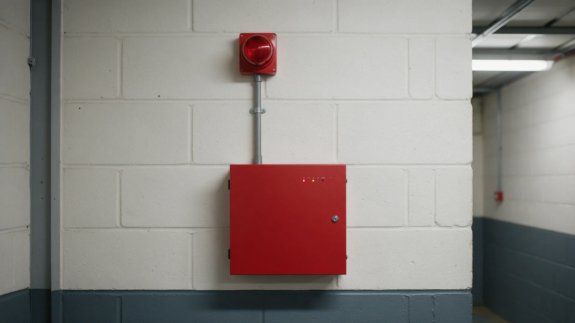 Red fire alarm panel on a painted block wall with a red sounder beacon above it, linked by grey conduit