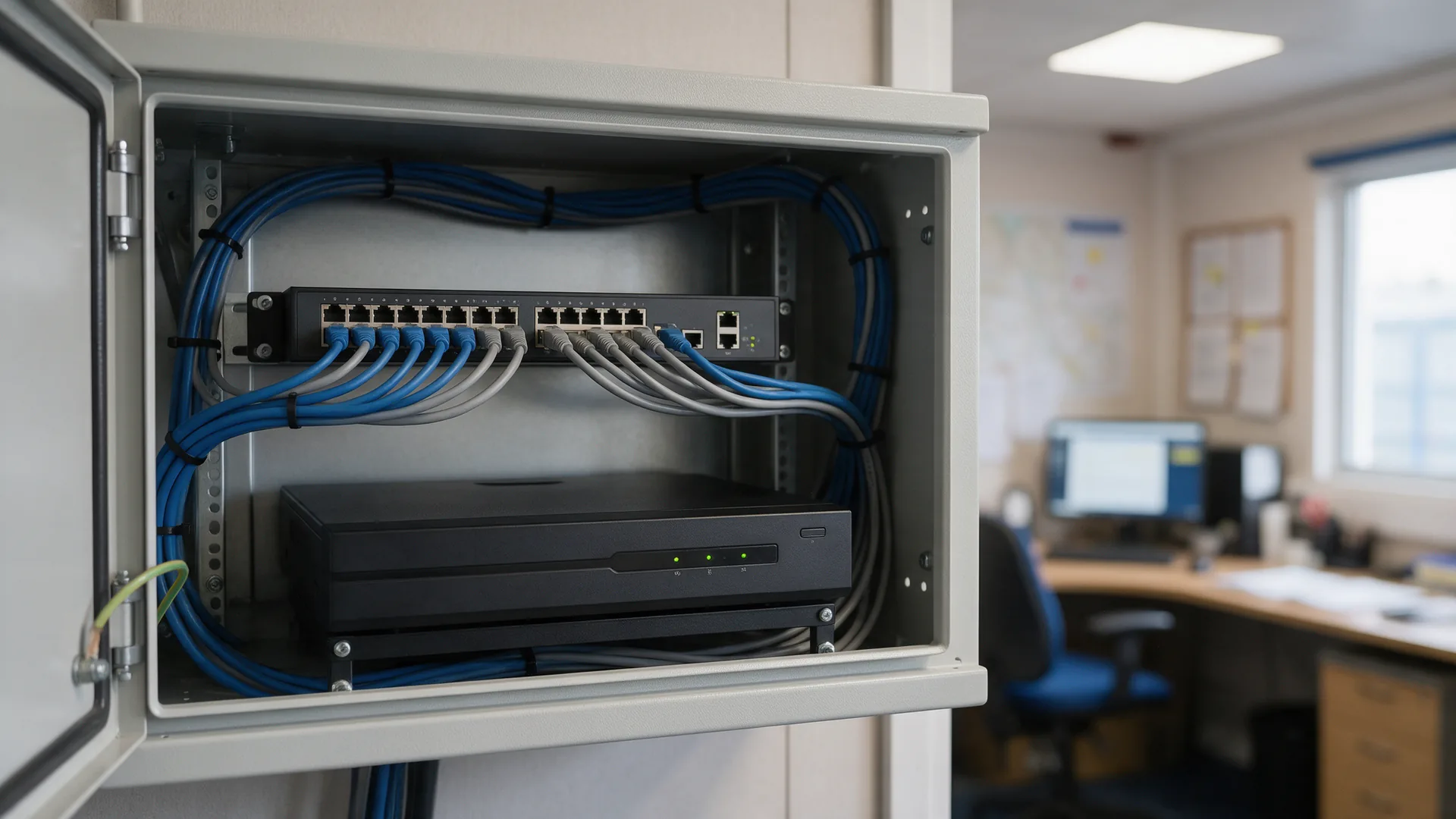 Network video recorder with green status lights below a switch with tidy blue patch cables in a wall cabinet