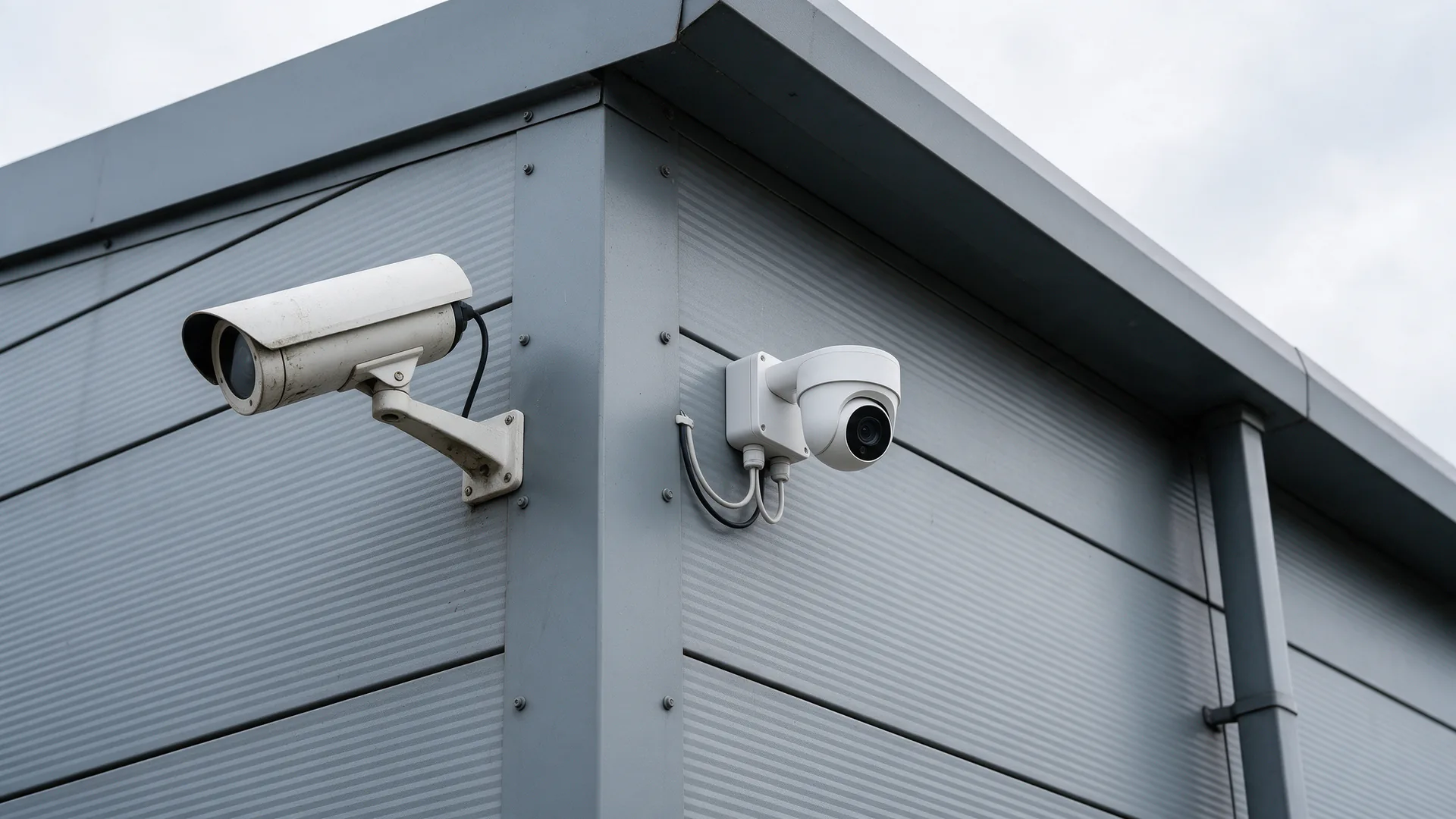 An older white bullet camera and a new white turret camera mounted a metre apart on a grey steel-clad industrial wall