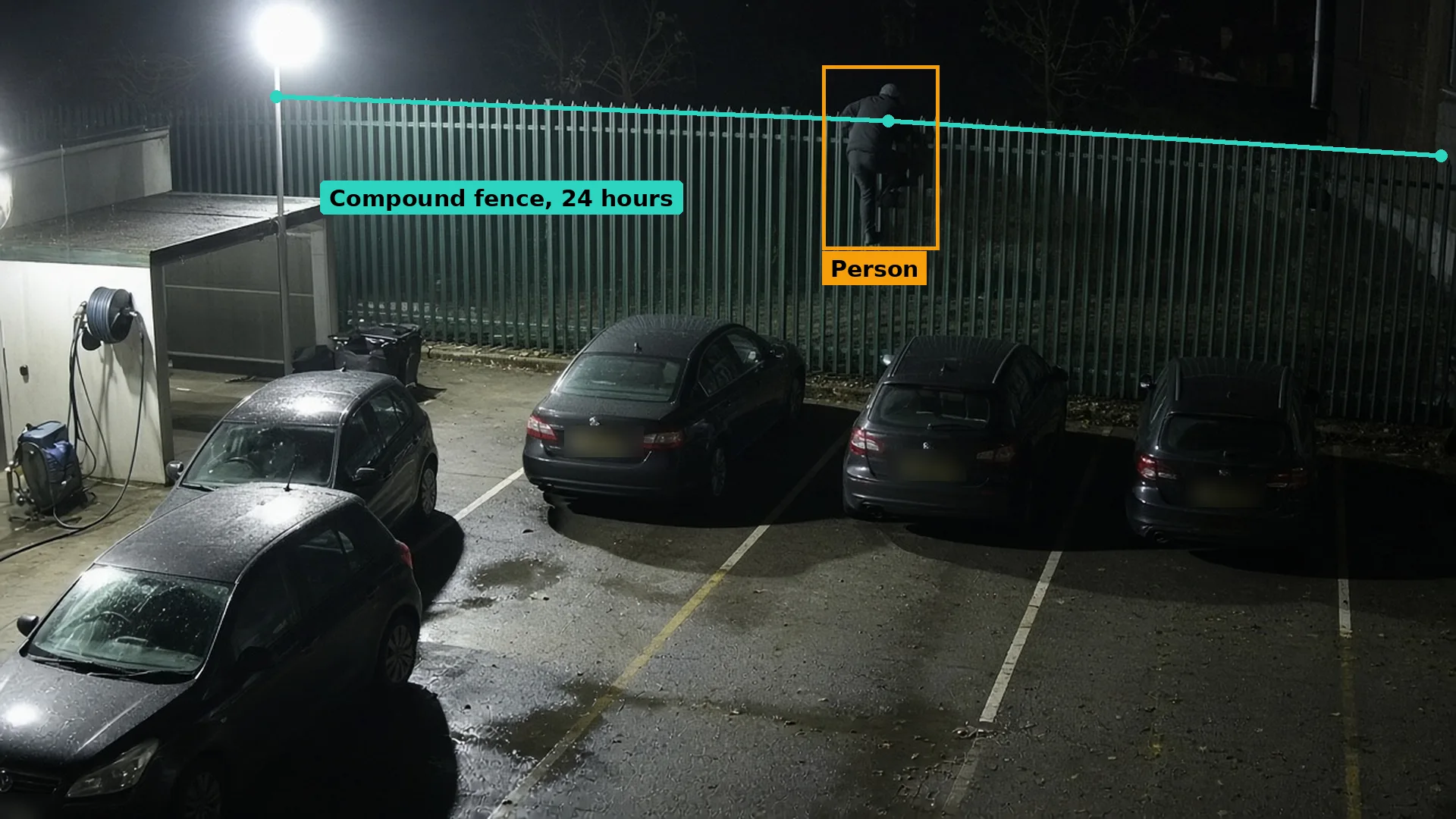 Night CCTV of a faceless figure climbing the palisade into a vehicle preparation yard, a teal fence line and the figure boxed