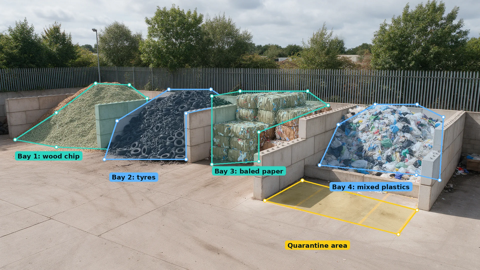Daytime waste yard with wood chip, tyre, baled paper and plastics bays outlined by polygon zones and a marked quarantine area