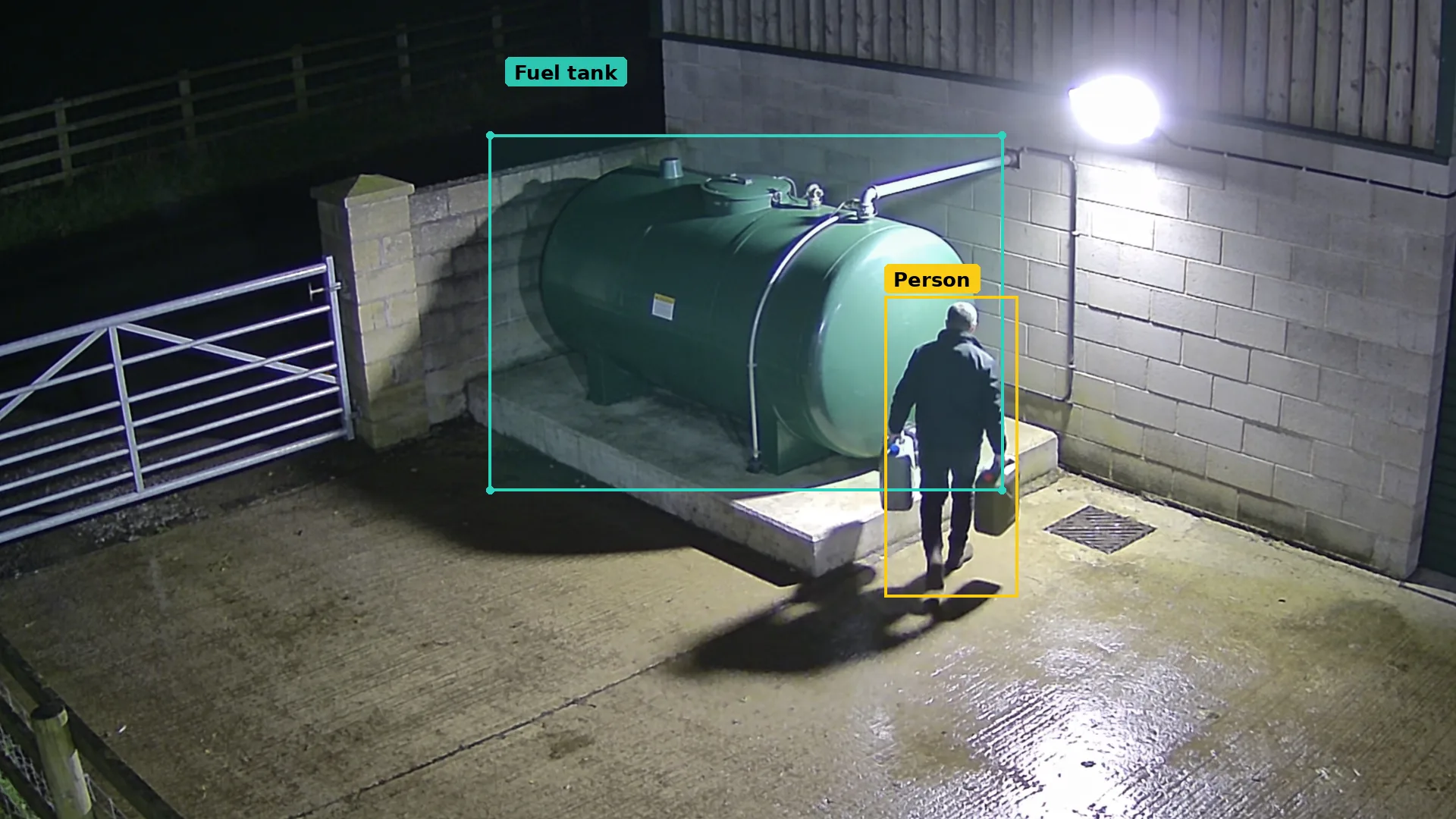 Night CCTV of a farm fuel tank inside a teal zone, a person on foot beside the tank boxed in teal