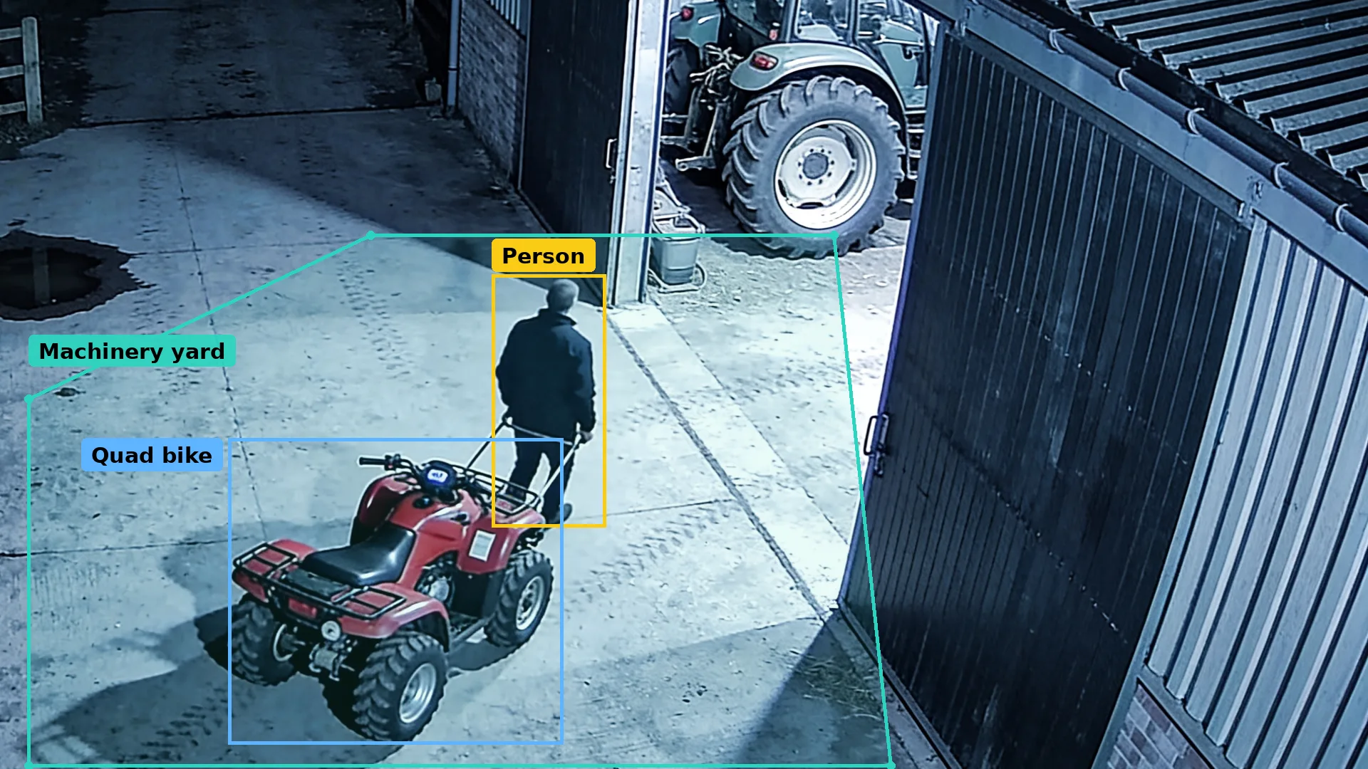 Night CCTV of a farm machinery yard in a teal zone: a person boxed in amber wheels a quad bike boxed in blue from the shed