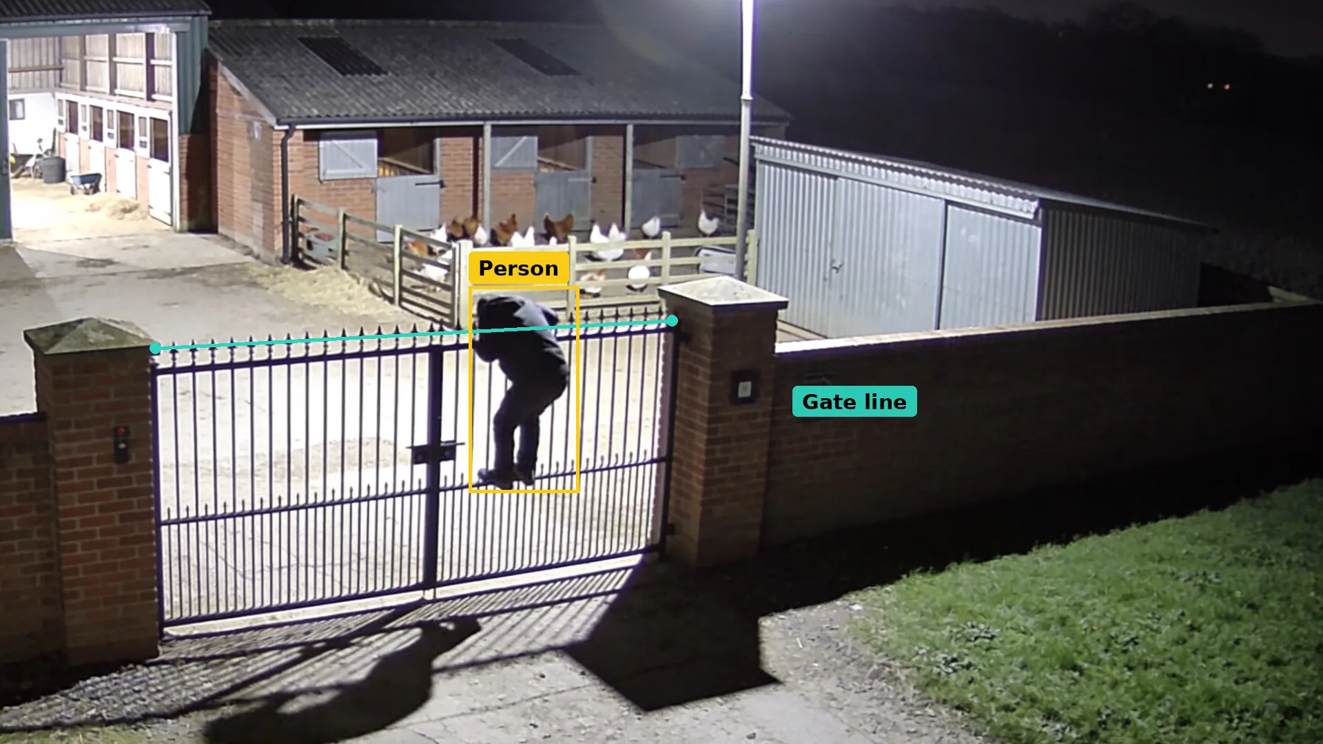 Night CCTV of a locked farmyard gate with a teal line along its top and a person climbing it boxed in amber