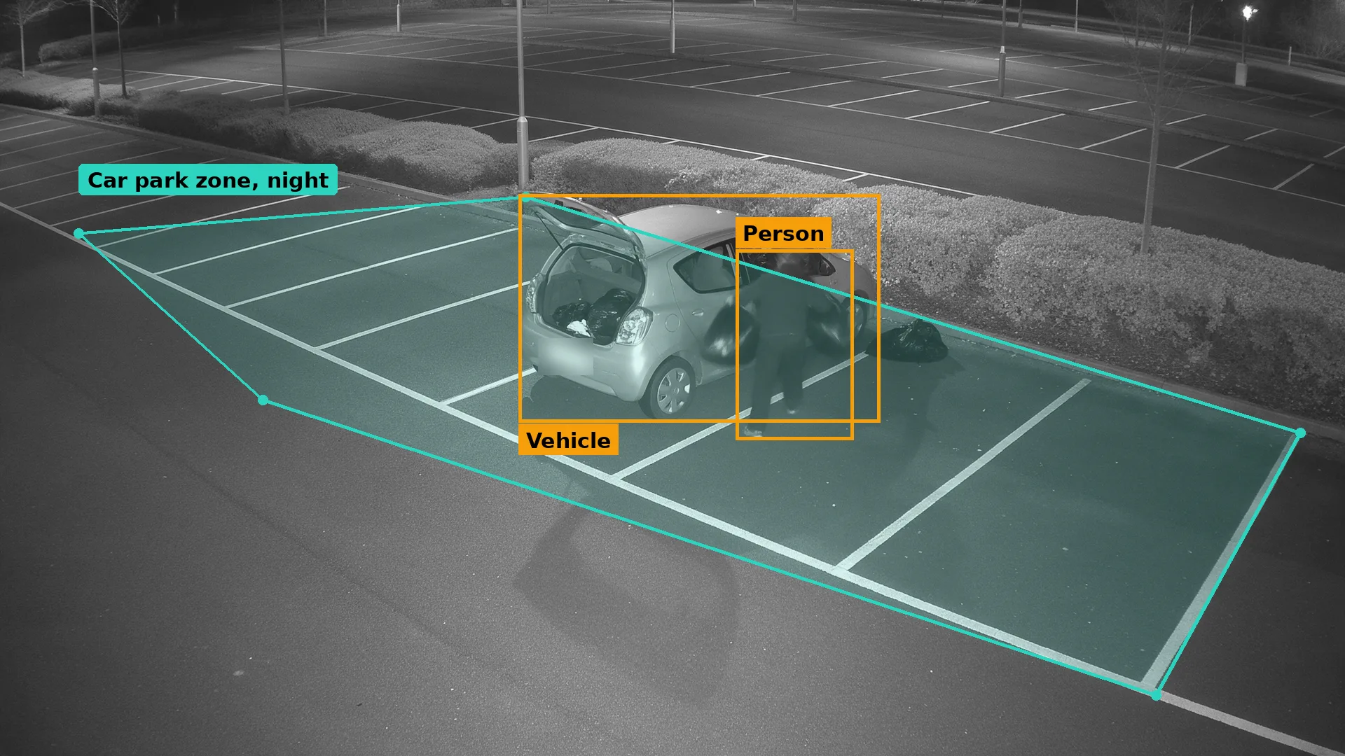 Night CCTV of a car park: a car in the far bay with its boot open and a person boxed in amber by the hedge