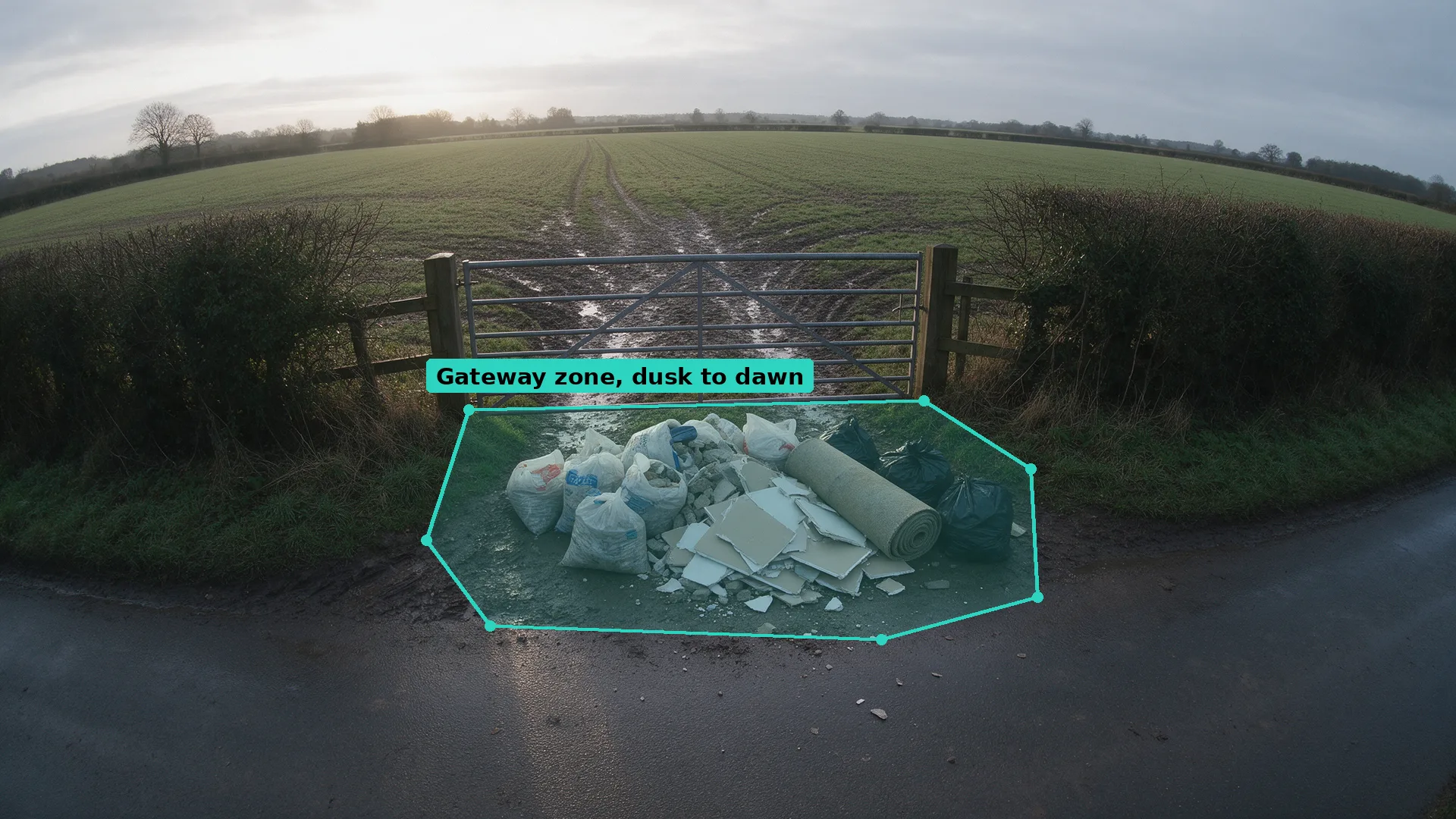 Dawn CCTV of a farm gateway with dumped rubble bags, plasterboard and a carpet inside a teal zone