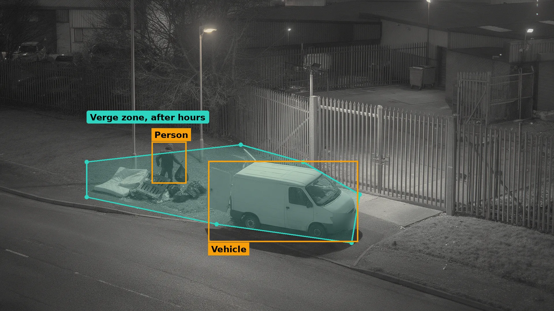 Night CCTV of a van pulled onto the verge by a closed gate, a person dropping bags, the verge in a teal zone