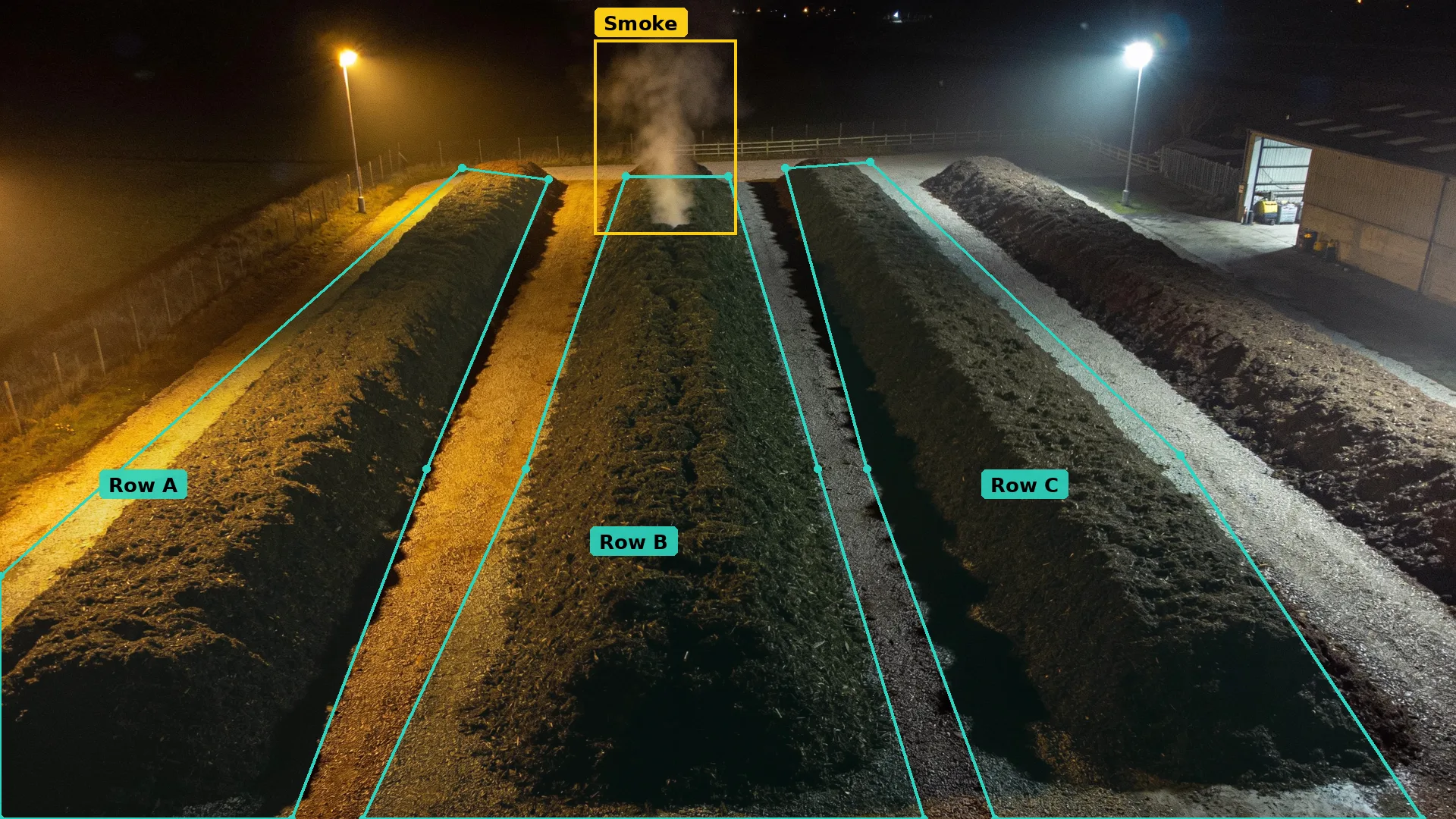 Night CCTV of compost windrows: teal zones round three rows, a plume boxed in amber at the far end of row B