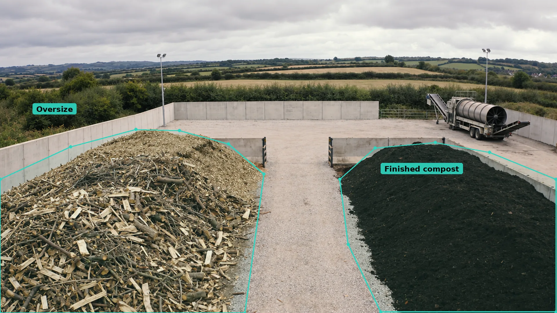 Daytime CCTV of a pile of woody screening overs and a pile of dark finished compost, each in a teal zone, gravel lane between