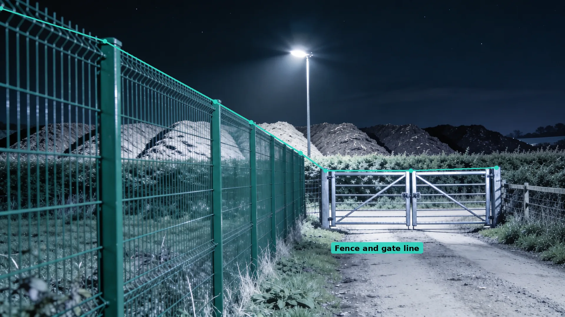 Night CCTV of a mesh fence and steel farm gate with compost piles beyond and a teal virtual line along the gate top