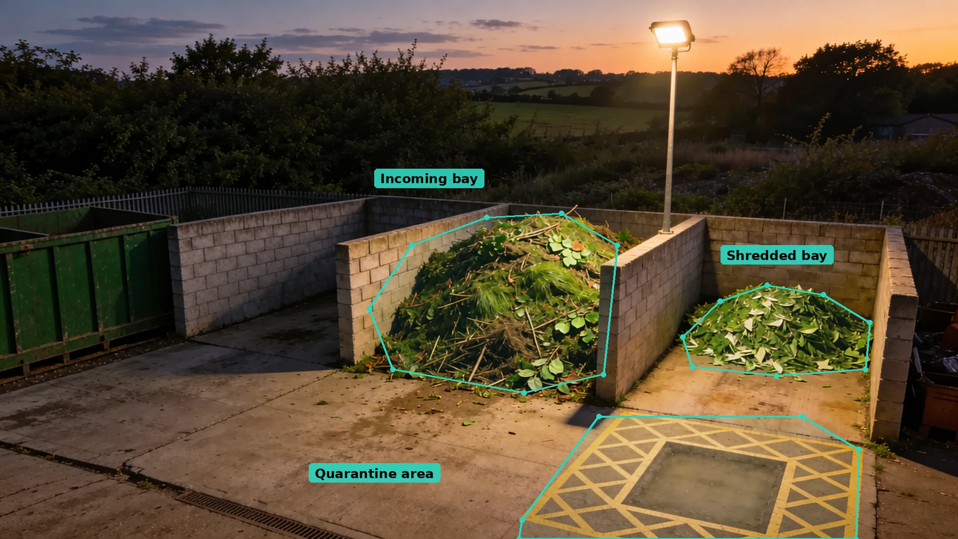 Dusk CCTV of two concrete bays of garden waste in teal zones, with an empty yellow-hatched quarantine area in front