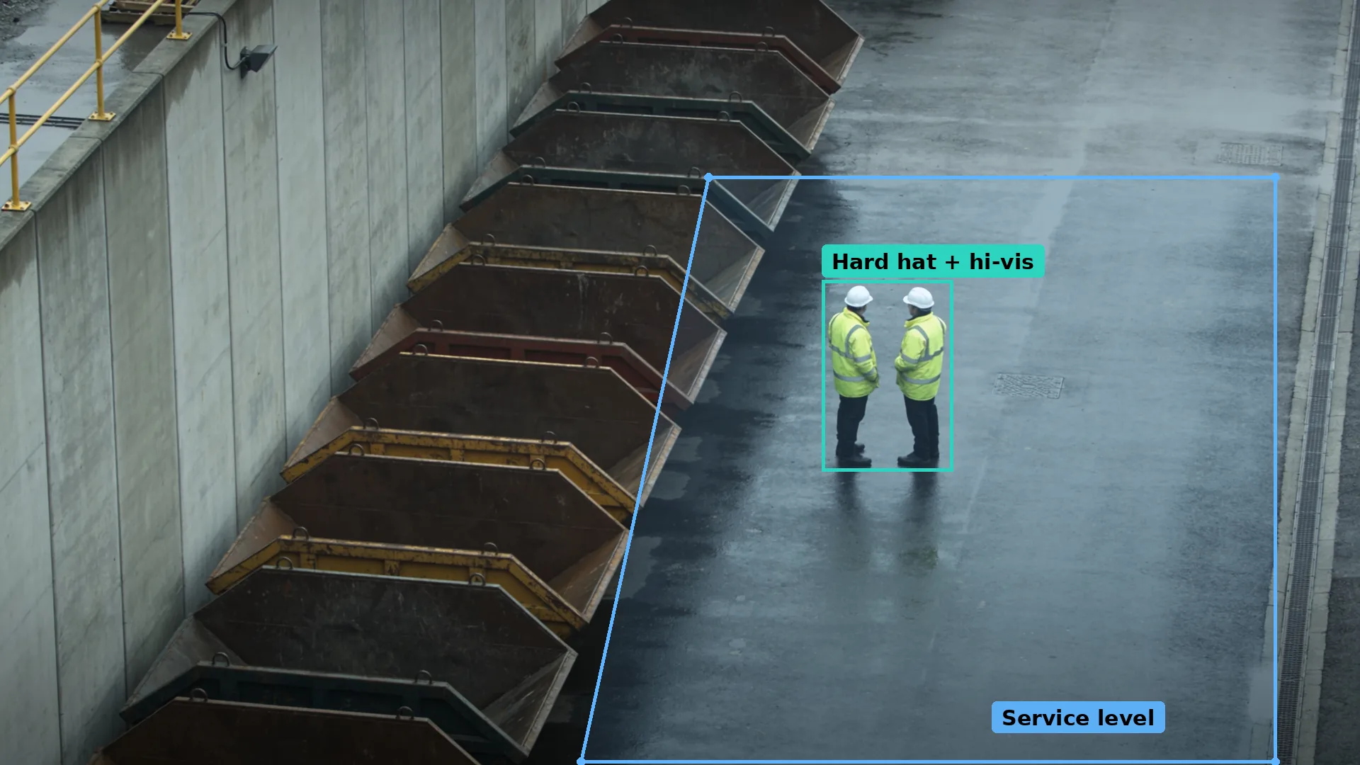CCTV of a recycling centre service level beside a row of skips, two staff wearing PPE boxed in teal