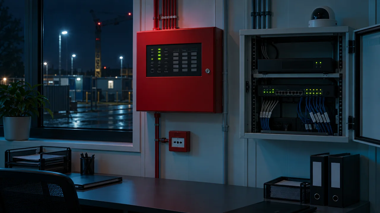 Red fire alarm panel and call point beside an open cabinet holding a recorder and network switch