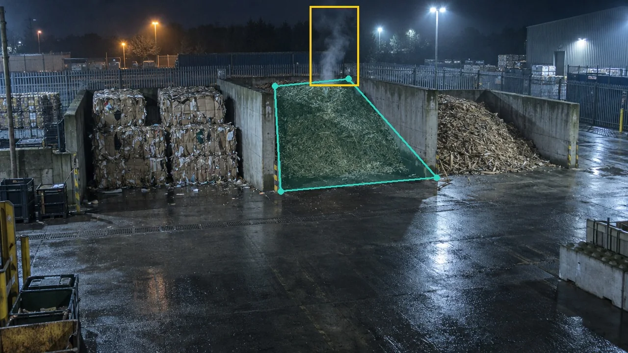 Night CCTV view of a wet waste yard, a teal zone round a wood chip bay and a smoke wisp boxed in amber