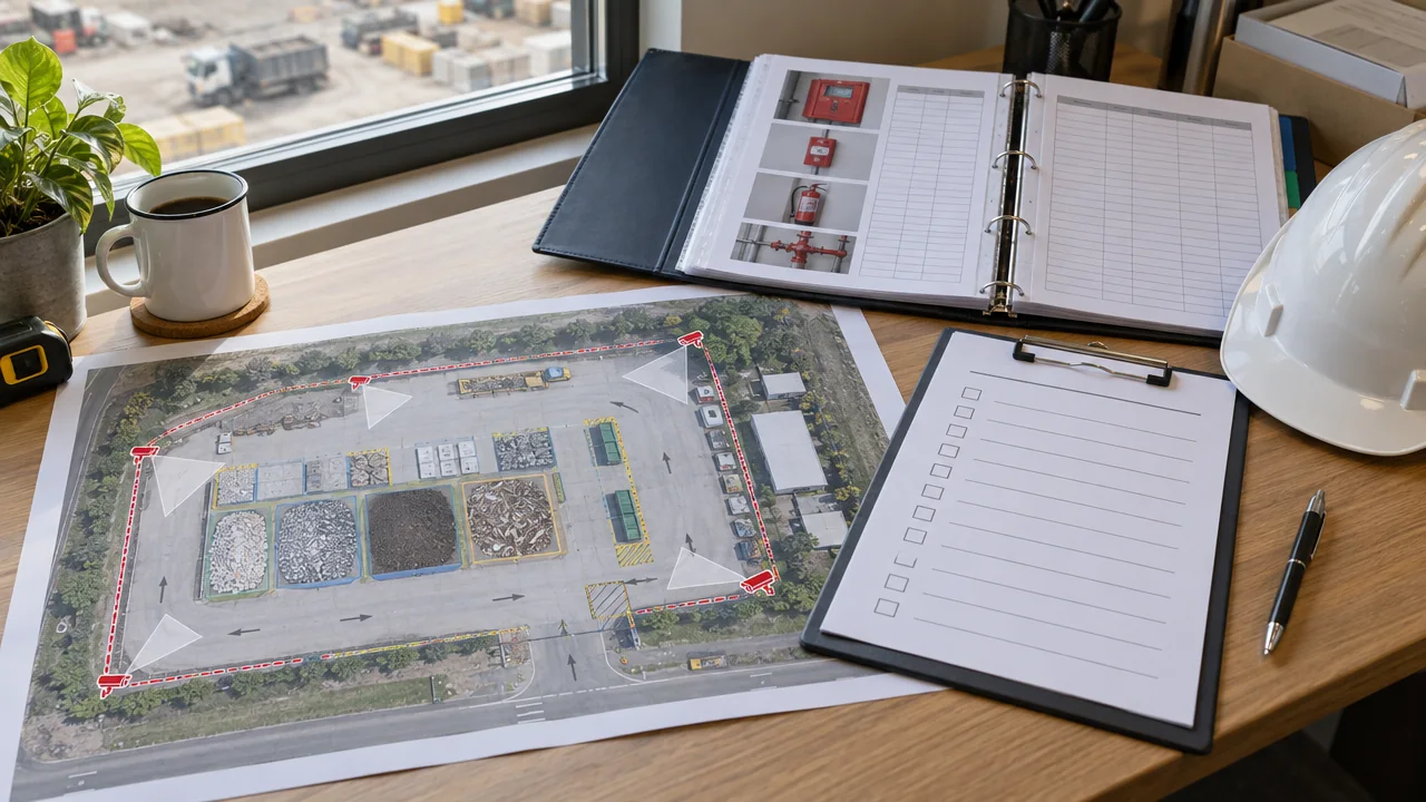 Office desk with an aerial yard plan marked with camera positions, a records binder and a checklist