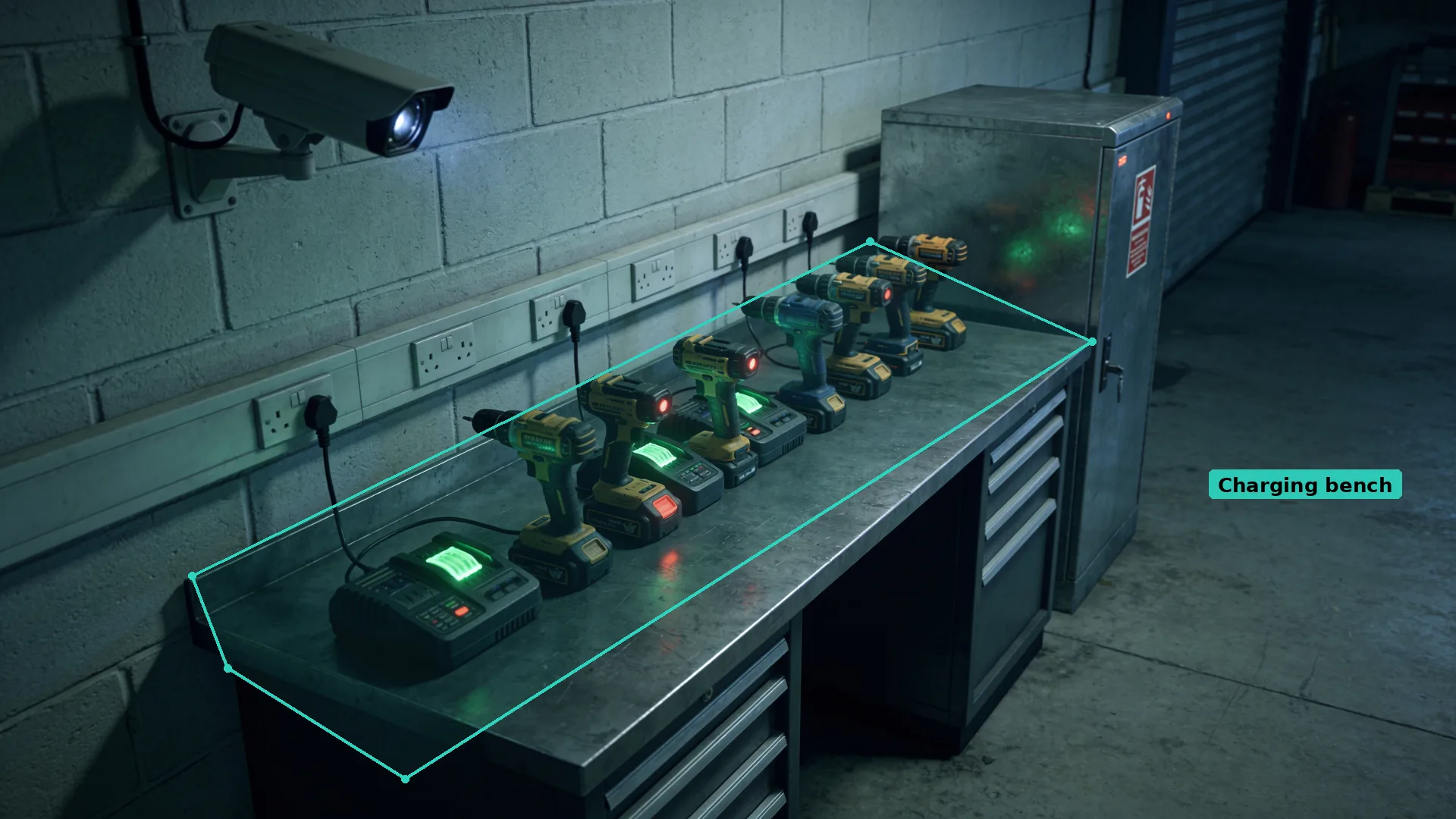 Night CCTV of a steel workbench with cordless tool batteries on chargers in a teal zone, and a steel cabinet beside it