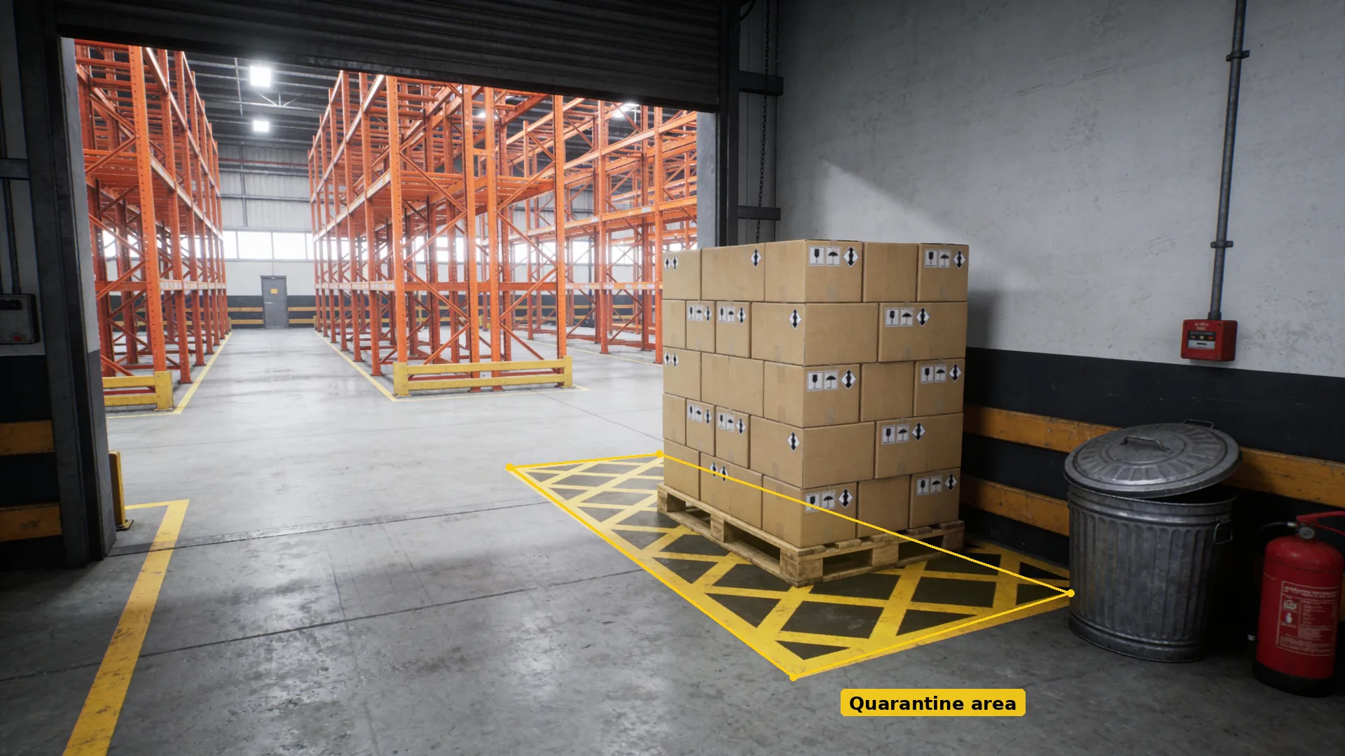 CCTV of a pallet of hazard-labelled cartons on a yellow-hatched floor area in amber, inside a loading door with racking