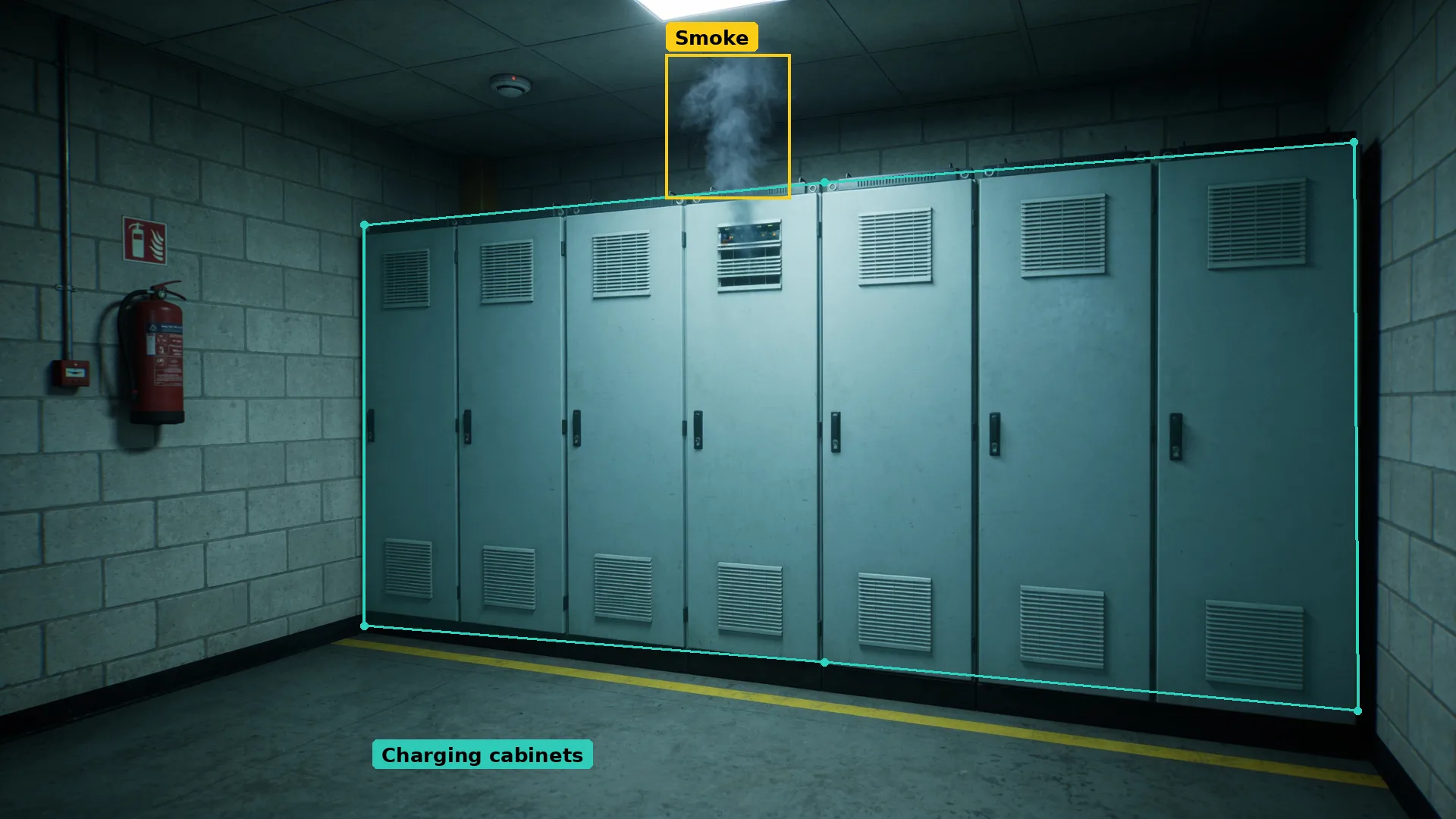 CCTV of a battery charging room: steel cabinets in a teal zone, smoke boxed in amber at one cabinet vent