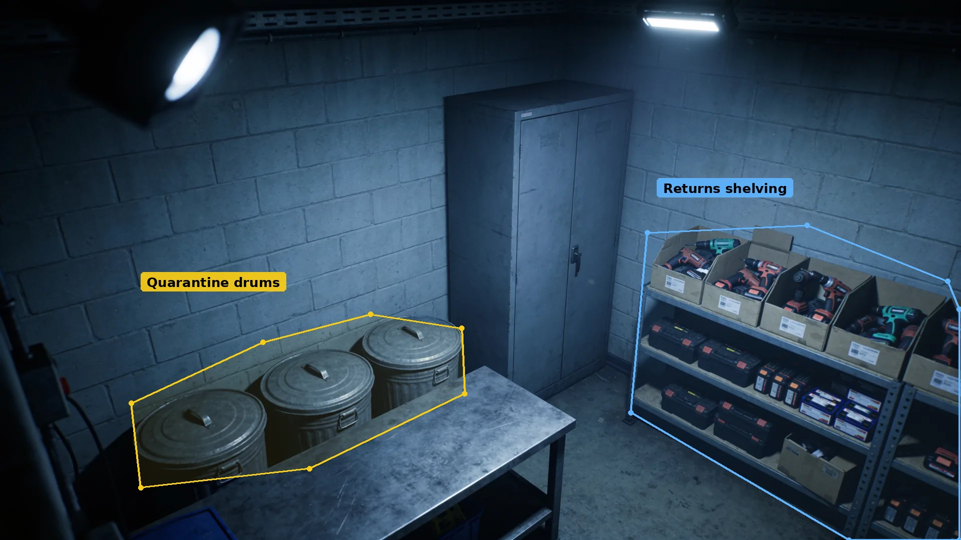 Night CCTV of a returns room: three lidded steel drums in an amber zone, and shelves of returned power tools in blue