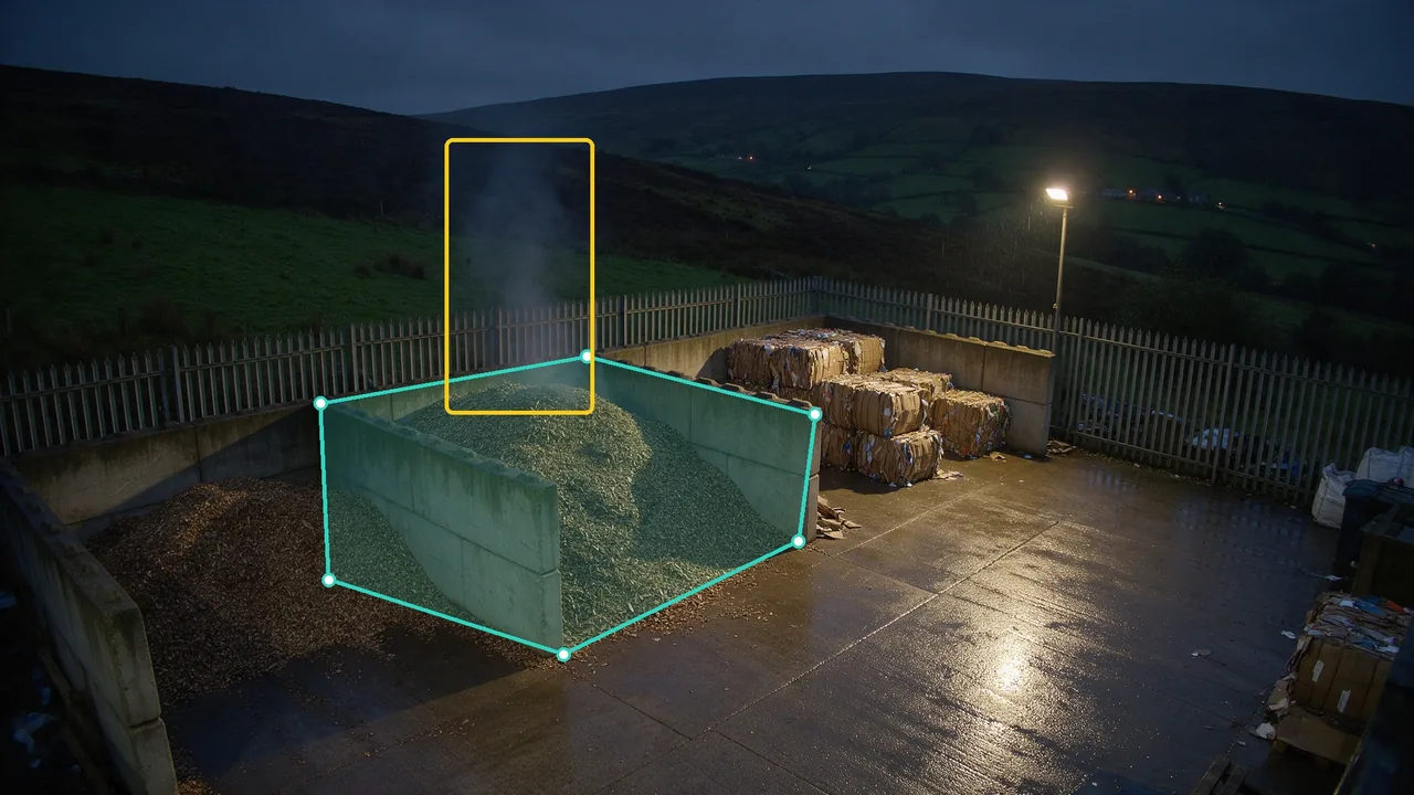 Night CCTV view of a hillside waste yard in rain, a teal zone round a wood chip bay and rising smoke boxed in amber