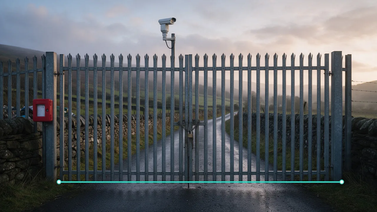 Locked rural yard gate at dusk with a red emergency box on the post, a camera above and a teal line at the base