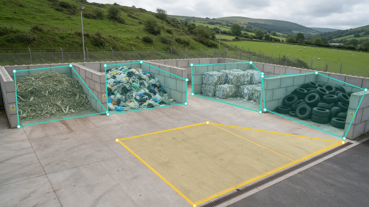 Daytime view of a Welsh valley waste yard, teal zones drawn on four storage bays and the quarantine area outlined in amber