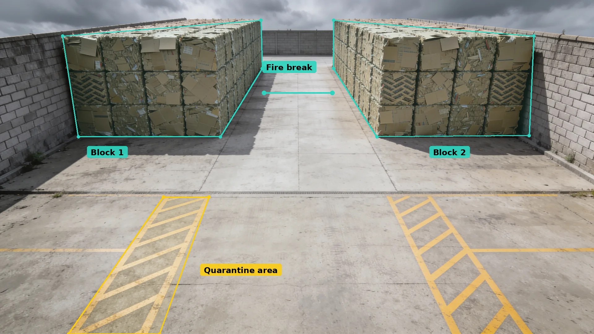 Daytime CCTV of two walled blocks of card bales in teal zones, an open lane between, and a yellow-hatched area in amber