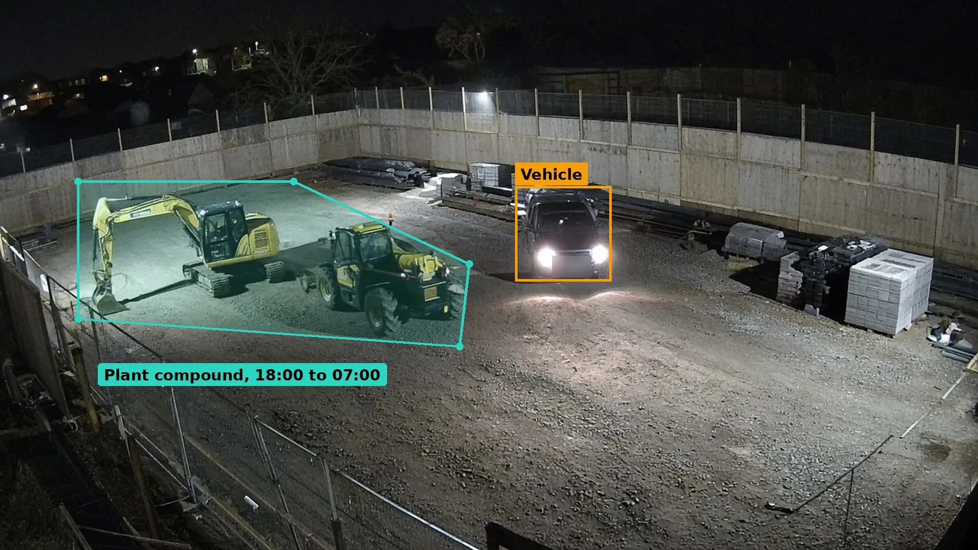 Night CCTV of a pickup inside a construction site hoarding near parked plant, a teal zone drawn over the compound