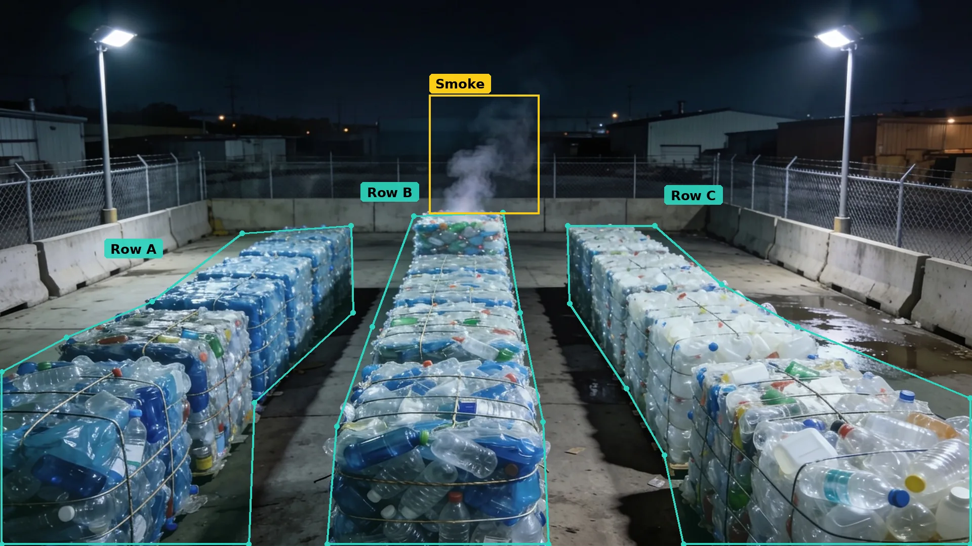 Night CCTV of a bottle bale yard: teal zones round three bale rows, smoke boxed in amber behind the middle row