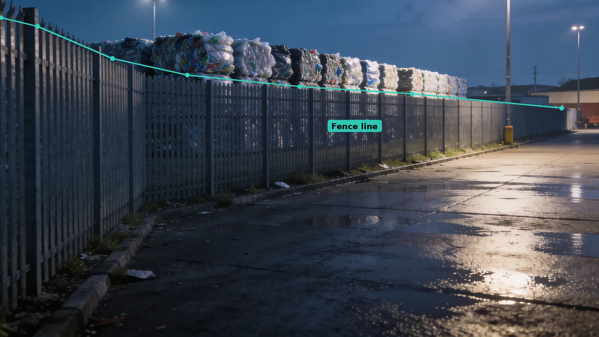 Dusk CCTV of a palisade fence with plastic bales stacked behind it and a teal virtual line along the top rail