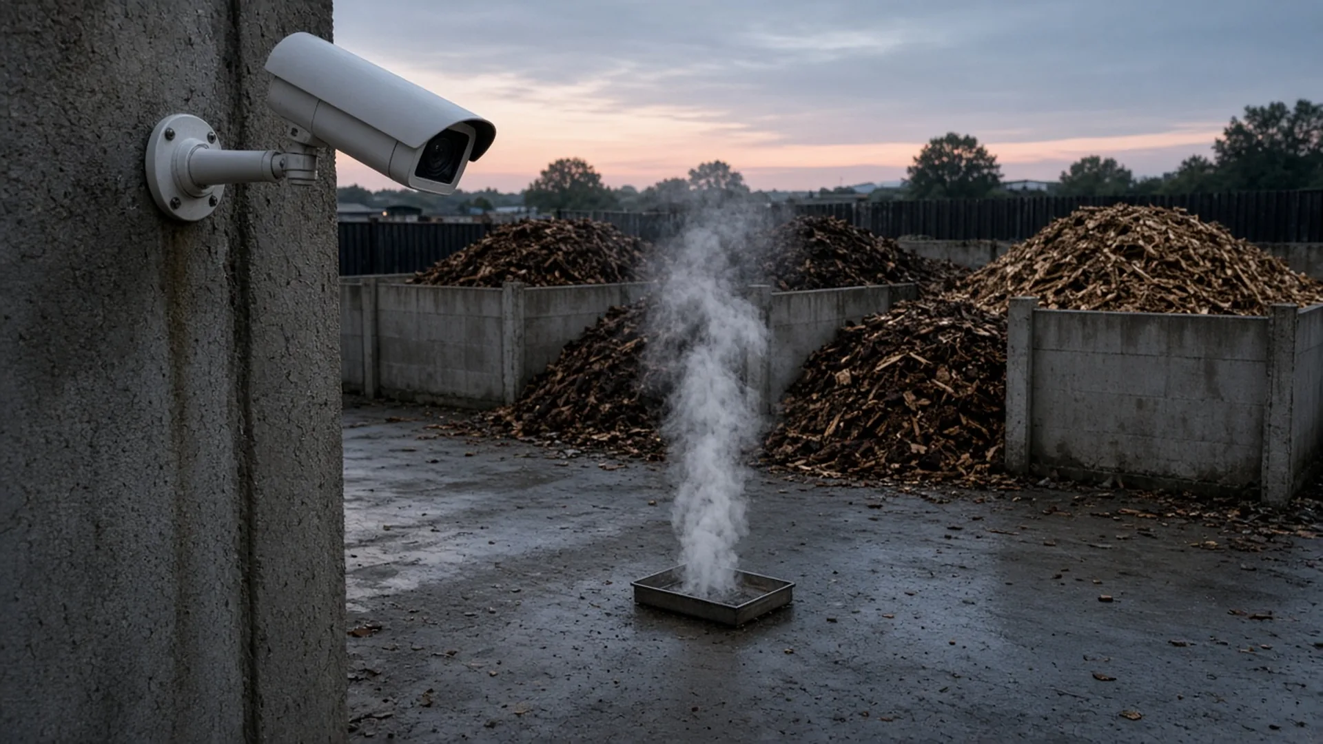 Controlled white test smoke rising from a metal tray in front of concrete bays of wood chip, watched by a wall-mounted camera