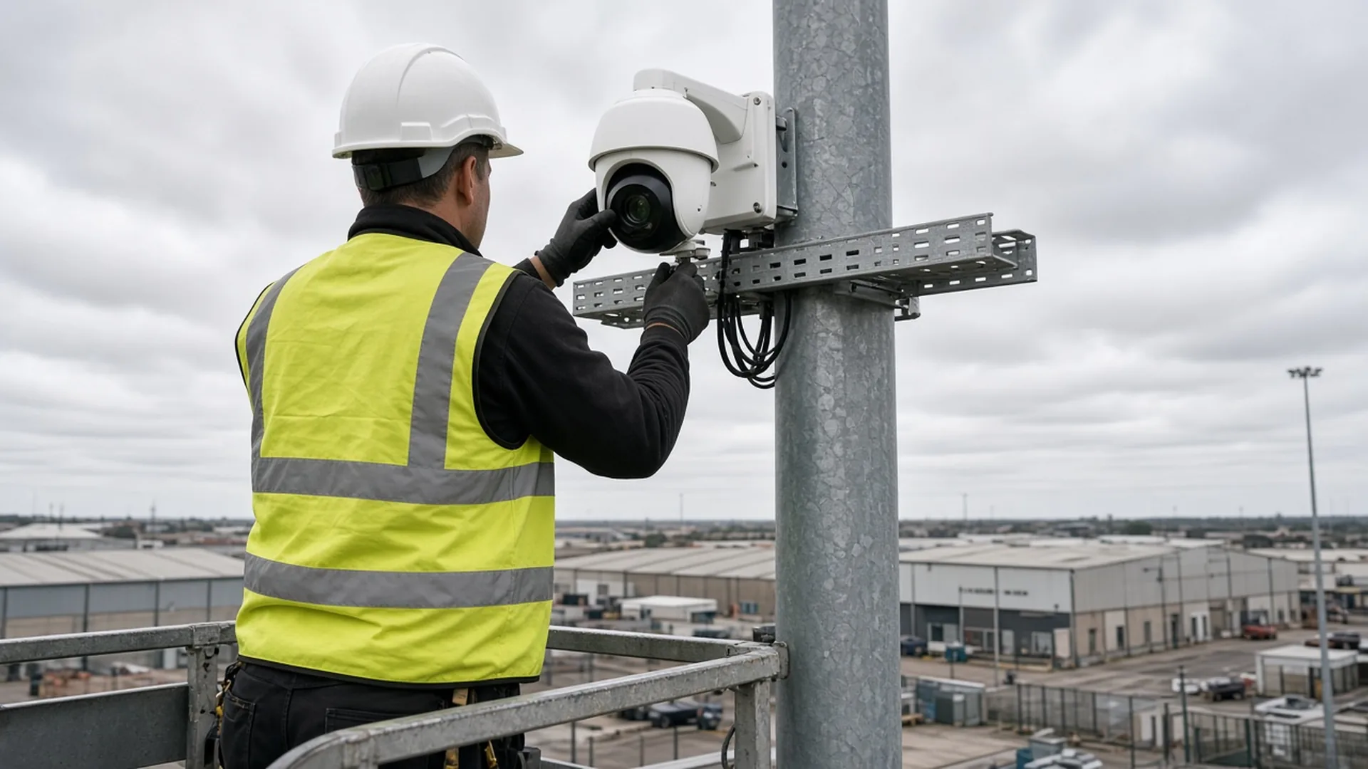 Installer in a hi-vis vest and safety helmet fitting a white turret camera to a steel pole above an industrial estate