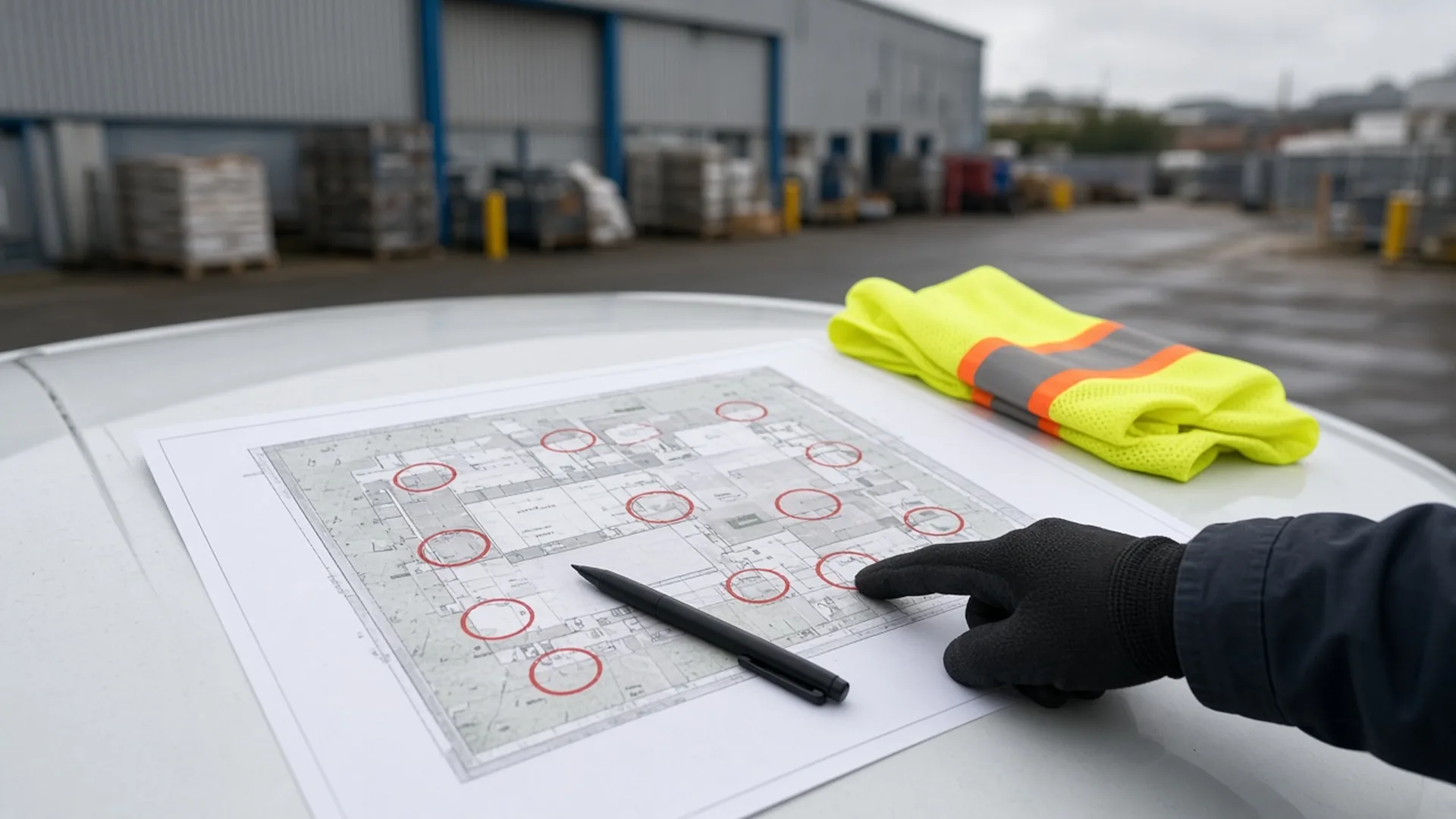 A printed site plan with red circles marking camera positions, laid on a white van bonnet with a folded hi-vis vest