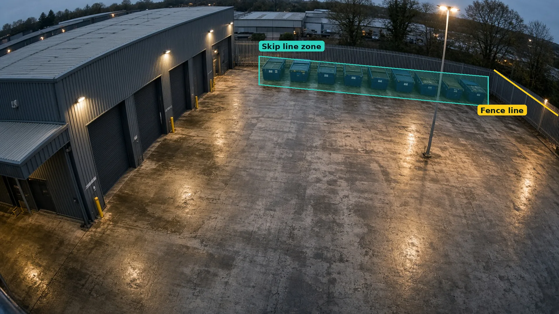 Dusk CCTV view over an empty industrial yard, with a teal zone drawn round a row of skips and a yellow line along the fence