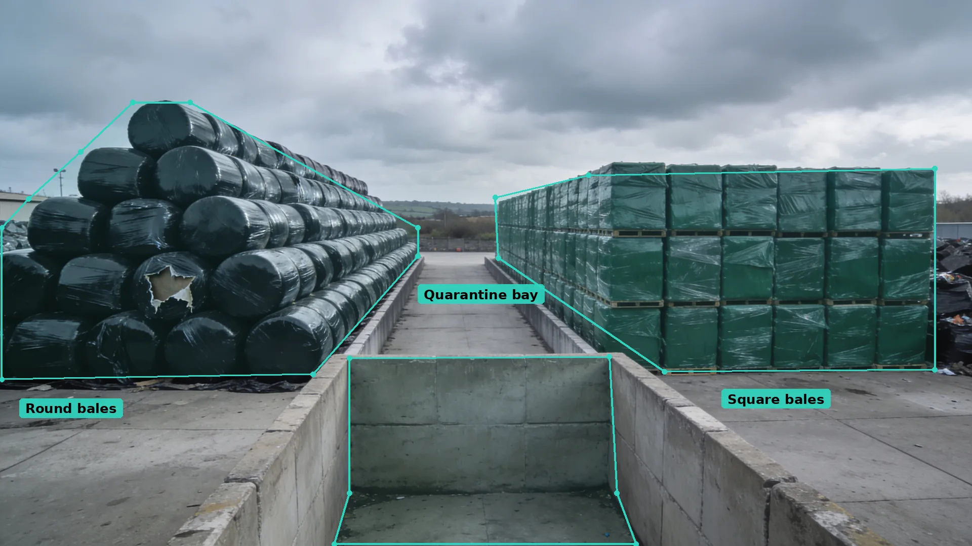 Daytime CCTV of a fuel bale yard: round and square wrapped bale blocks in teal zones, with an empty quarantine bay