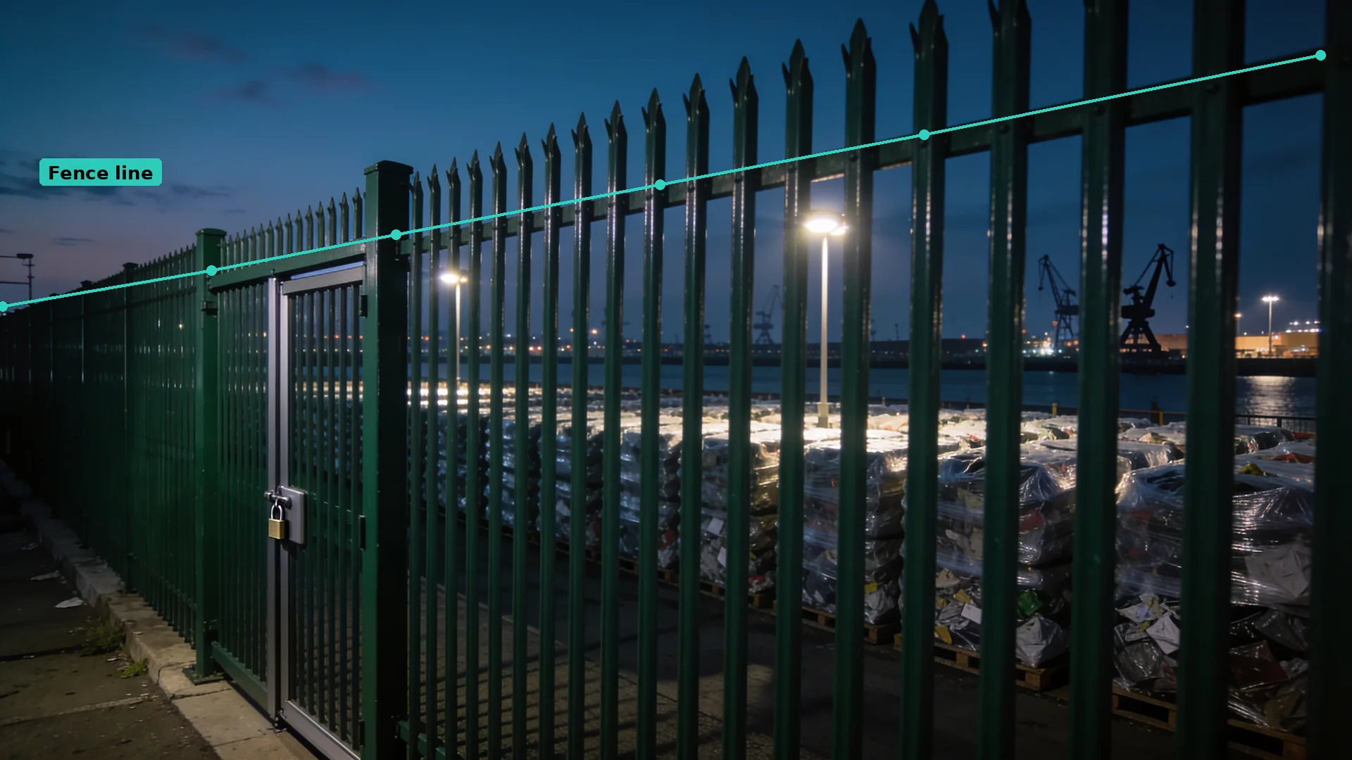 Dusk CCTV of a palisade fence and locked gate at a quayside bale store, with a teal virtual line along the top rail