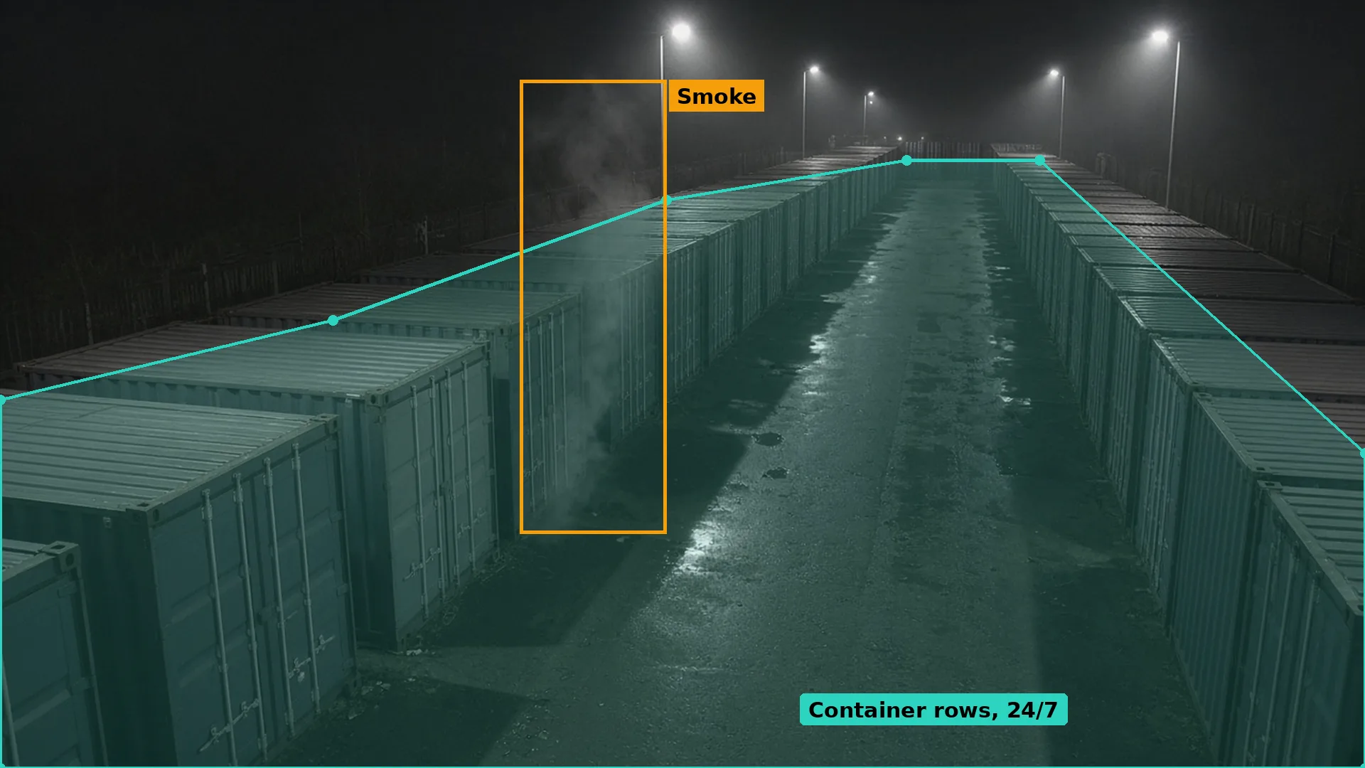Night CCTV of thin grey smoke rising from the door seam of a storage container in a long row, boxed in amber